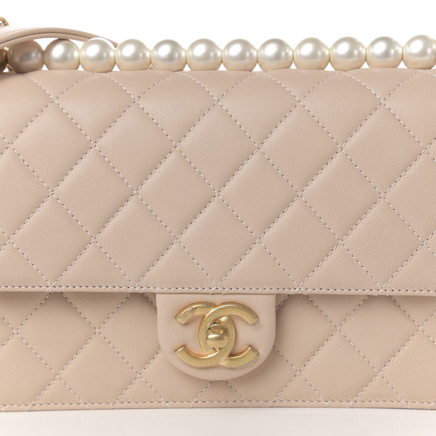 Lambskin Quilted Small Chic Pearls Flap Beige