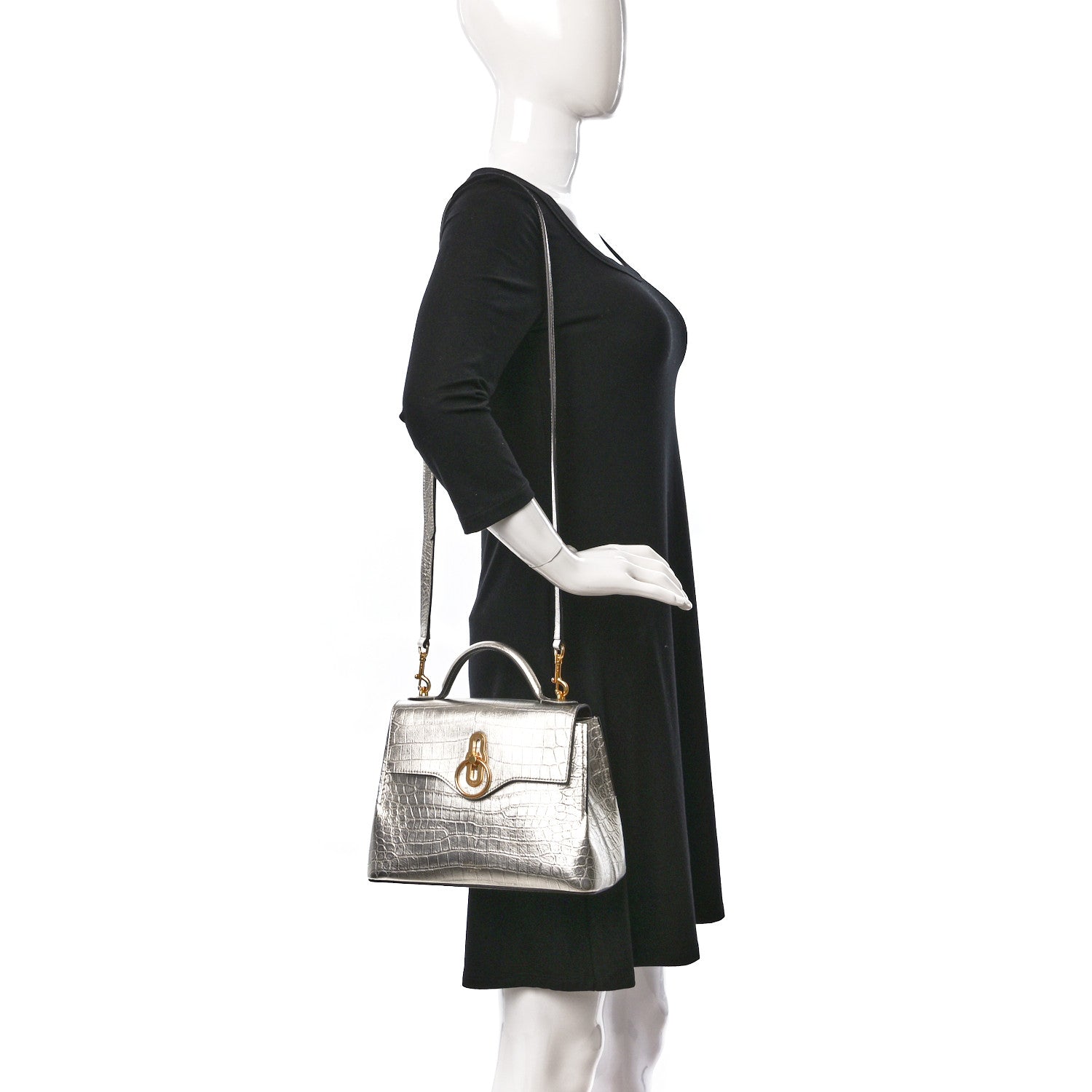 Mulberry Metallic Calfskin Crocodile Embossed Mini Seaton Silver 2 of 13