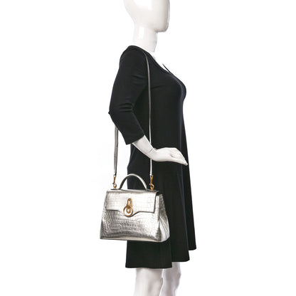 Mulberry Metallic Calfskin Crocodile Embossed Mini Seaton Silver 2 of 13