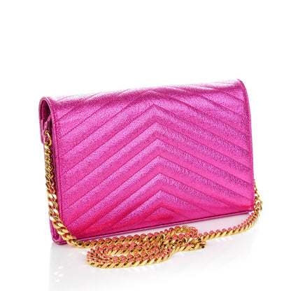 Saint Laurent Metallic Crackled Calfskin Matelasse Chevron Monogram Chain Wallet Pink 3 of 7
