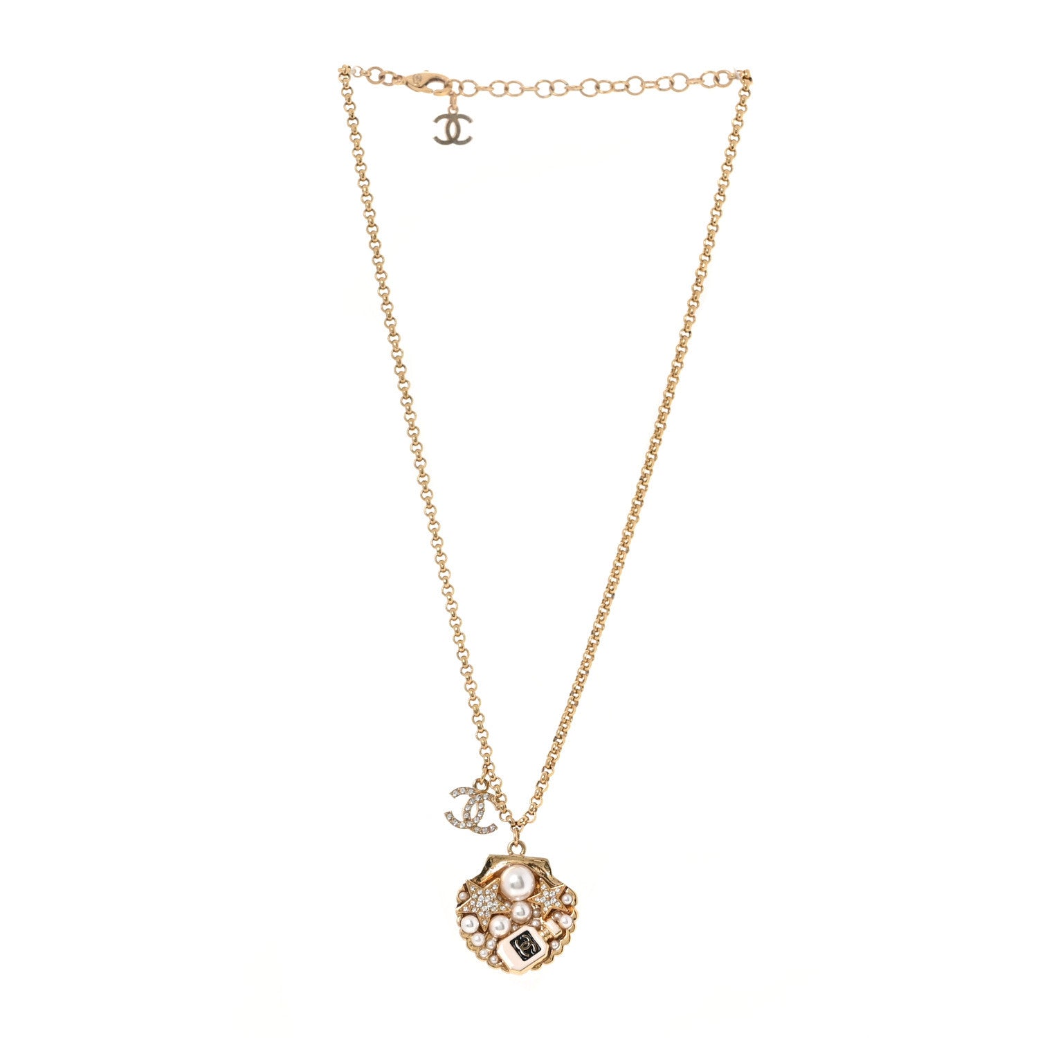 Chanel Metal Pearl Crystal CC Shell Necklace Gold 1876565