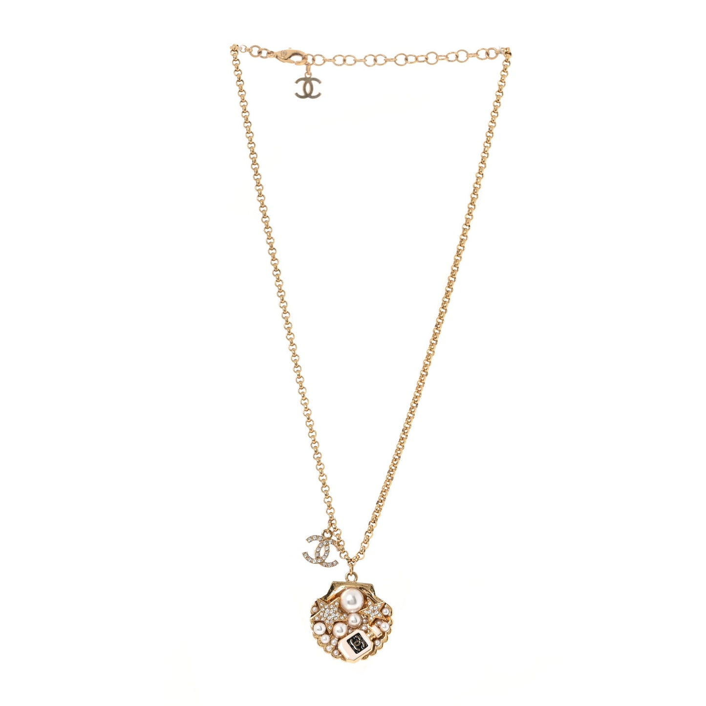 Metal Pearl Crystal CC Shell Necklace Gold