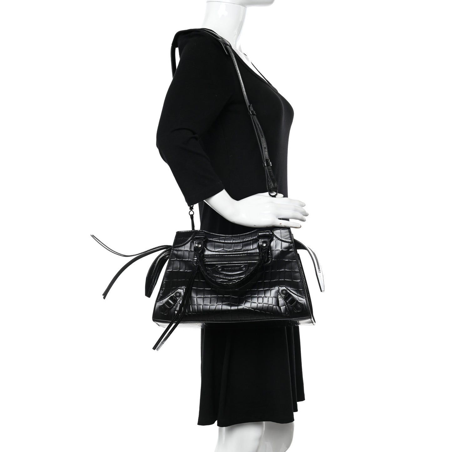 Semi Shiny Calfskin Crocodile Embossed Neo Classic Black Hardware S City Black