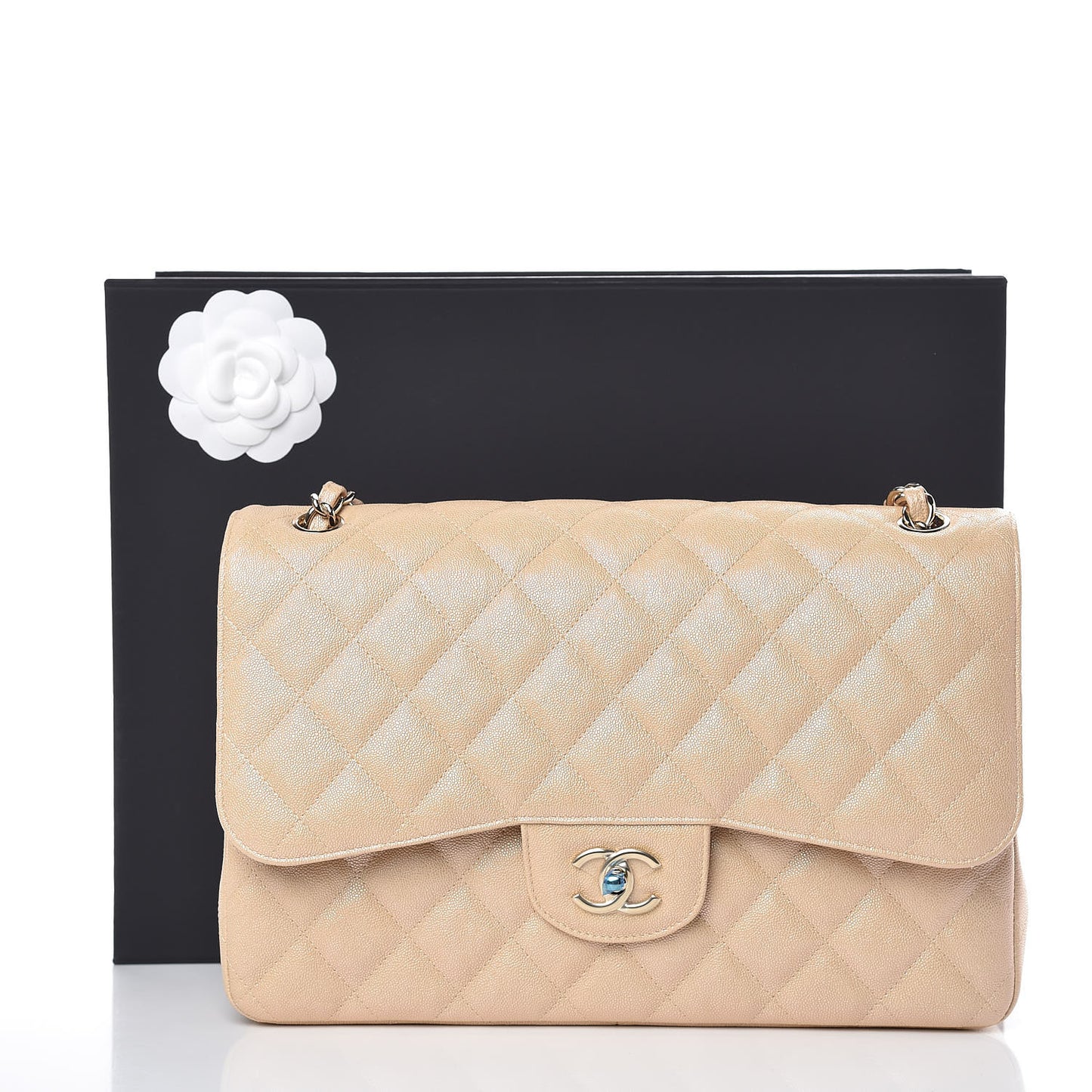 Iridescent Caviar Quilted Jumbo Double Flap Beige