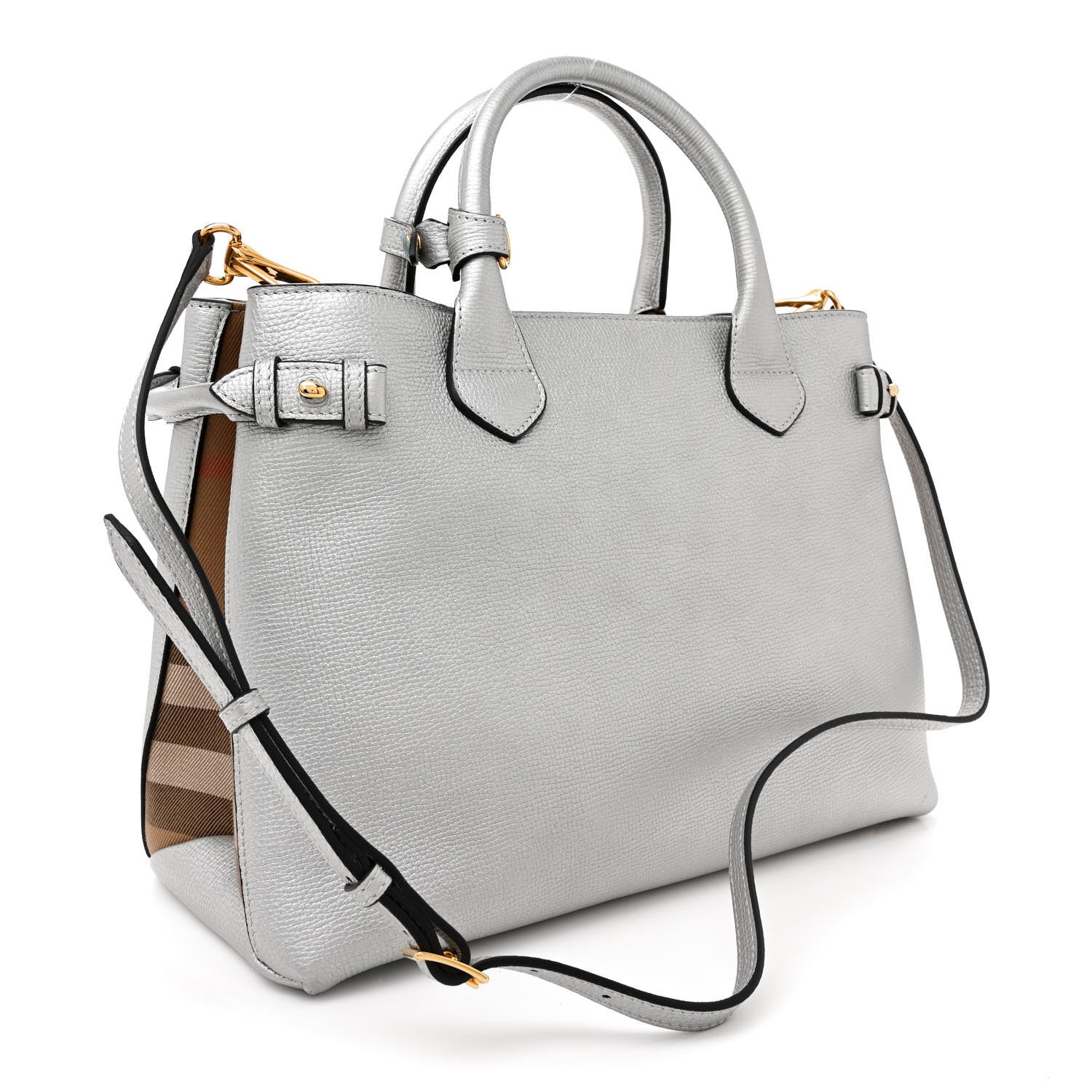 Burberry Metallic Grainy Calfskin House Check Medium Banner Tote Silver 3 of 13