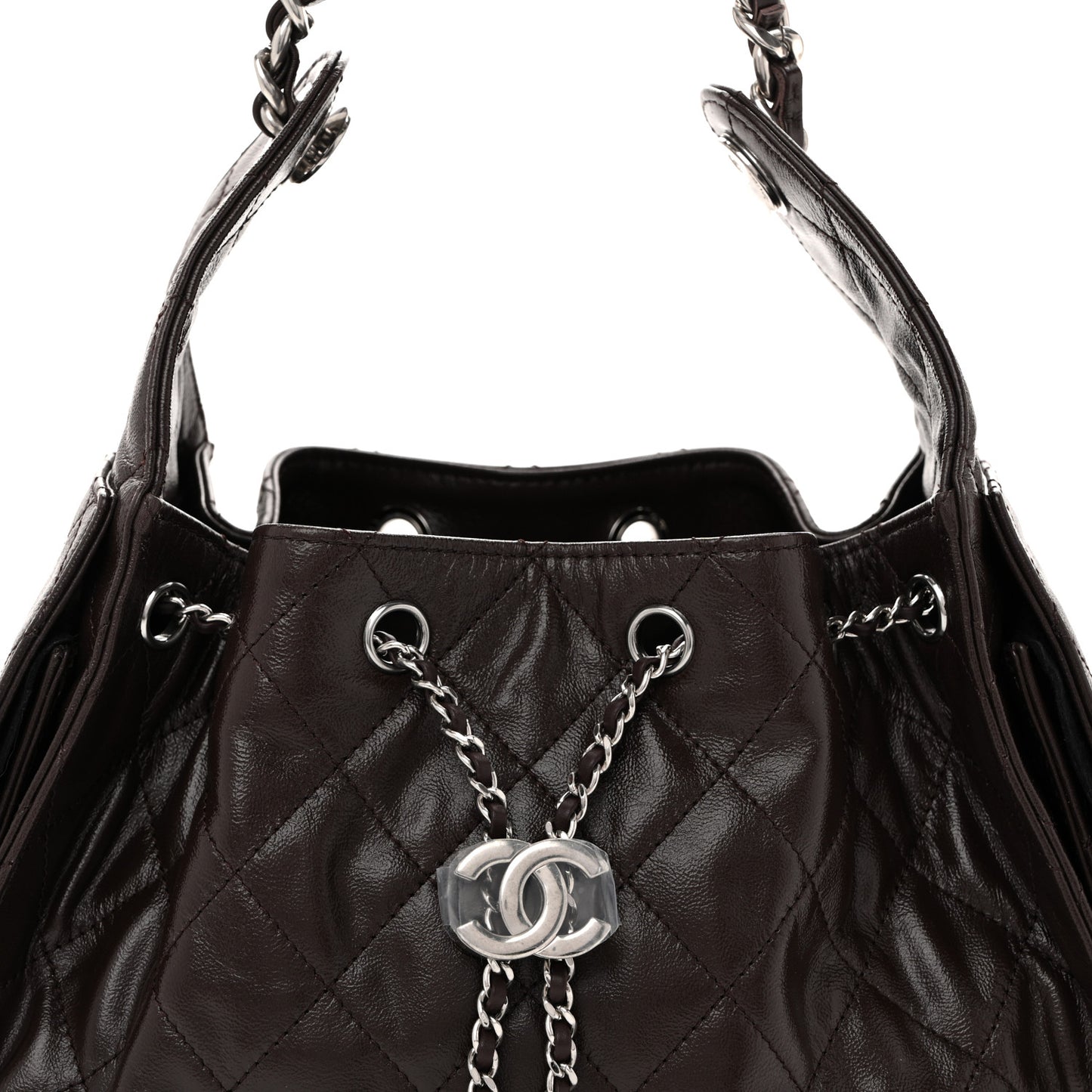 Shiny Crumpled Calfskin Quilted Small Chanel 25 Handbag Dark Brown