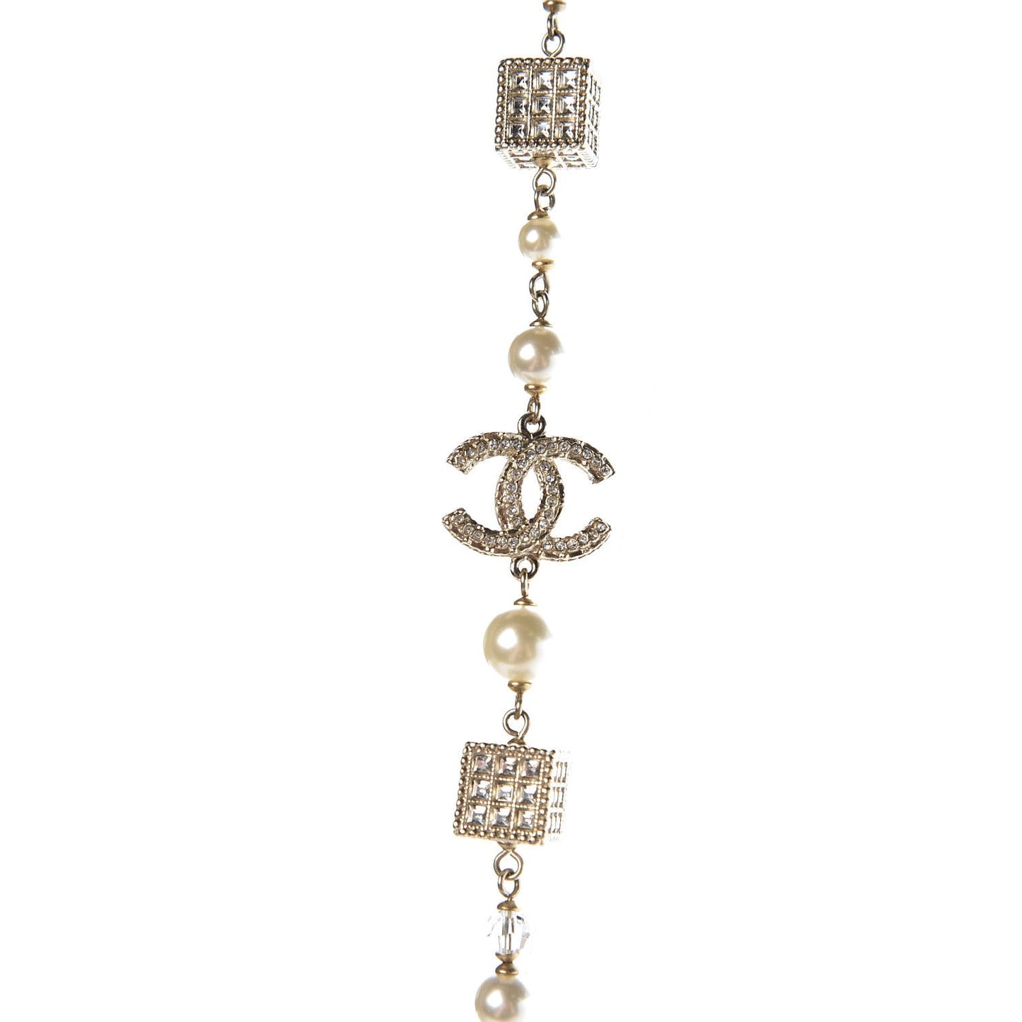 Pearl Baguette Crystal CC Long Necklace Gold