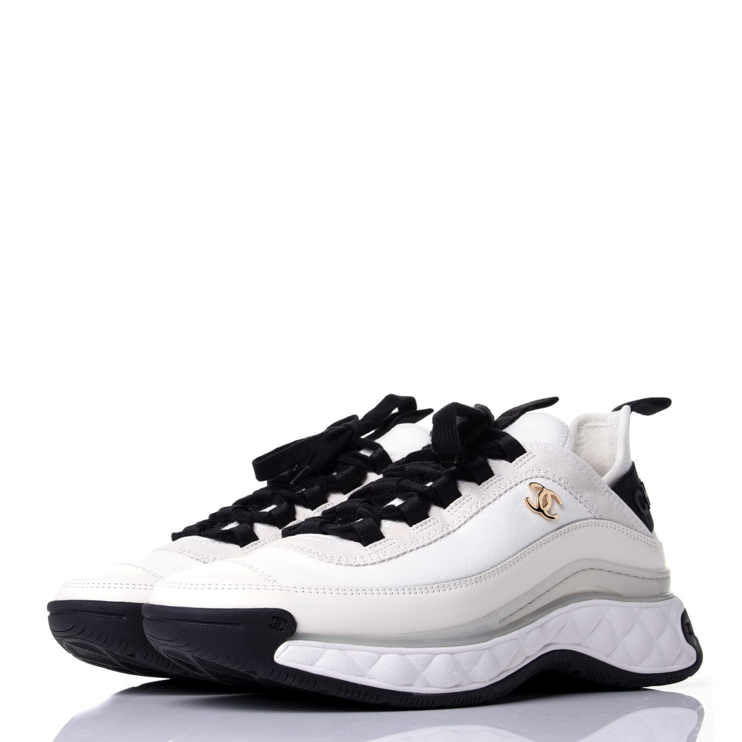 Chanel Velvet Calfskin Mixed Fibers CC Sneakers 37.5 Ivory Black 3 of 11