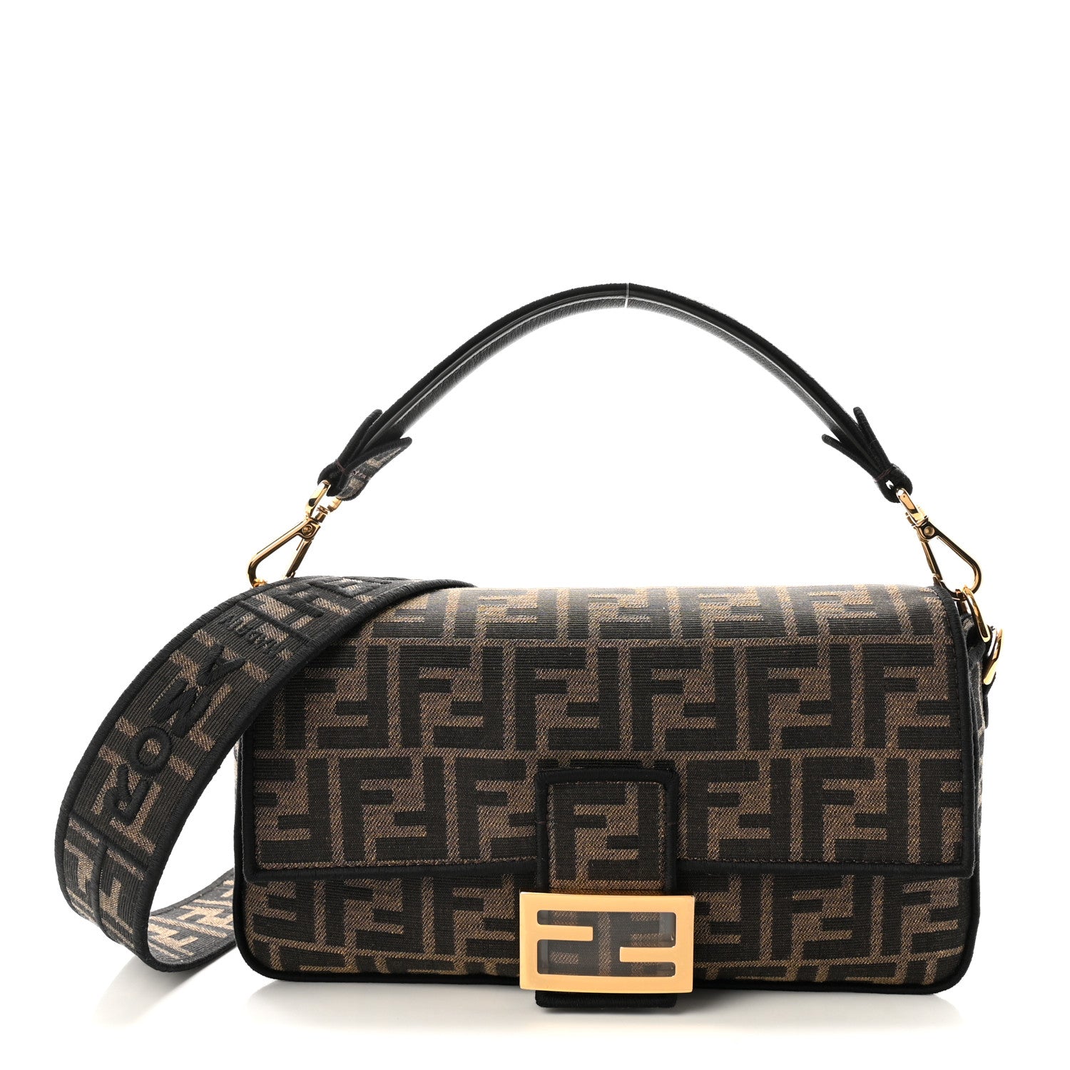 Fendi Fabric Jacquard FF 1974 Medium Baguette Tobacco Moro Black 1 of 9