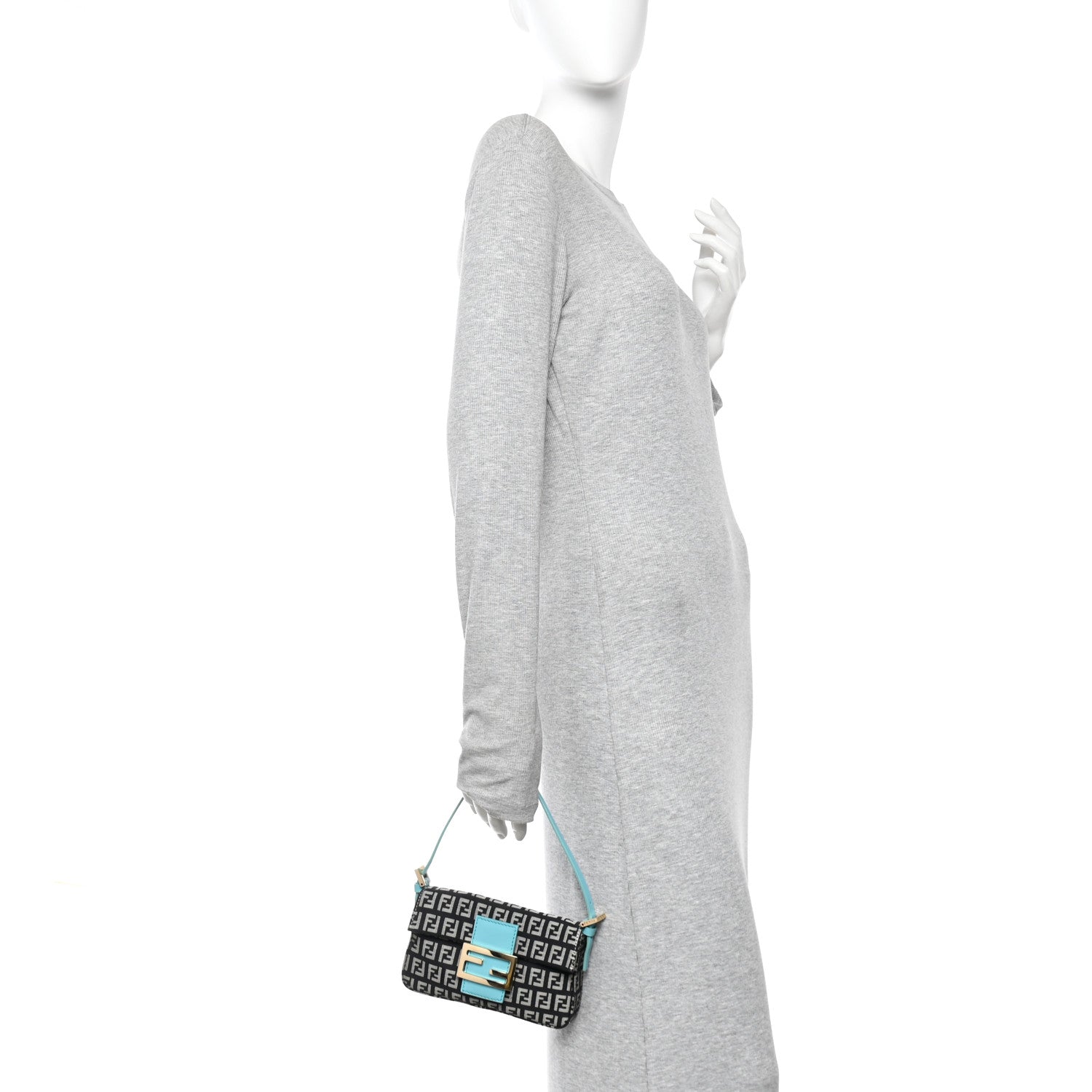 Fendi Zucchino Mini Baguette Navy Turquoise 2 of 9