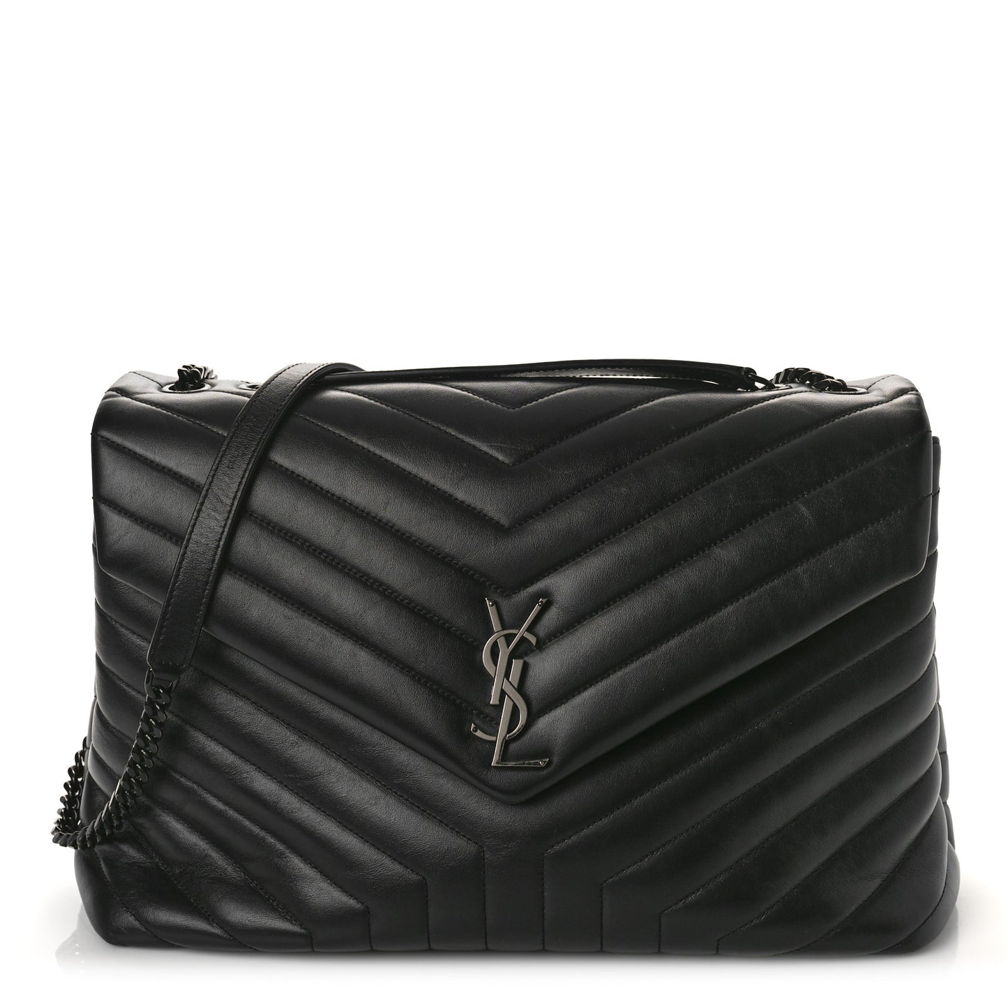 Calfskin Y Quilted Monogram Large Loulou Chain Satchel Black