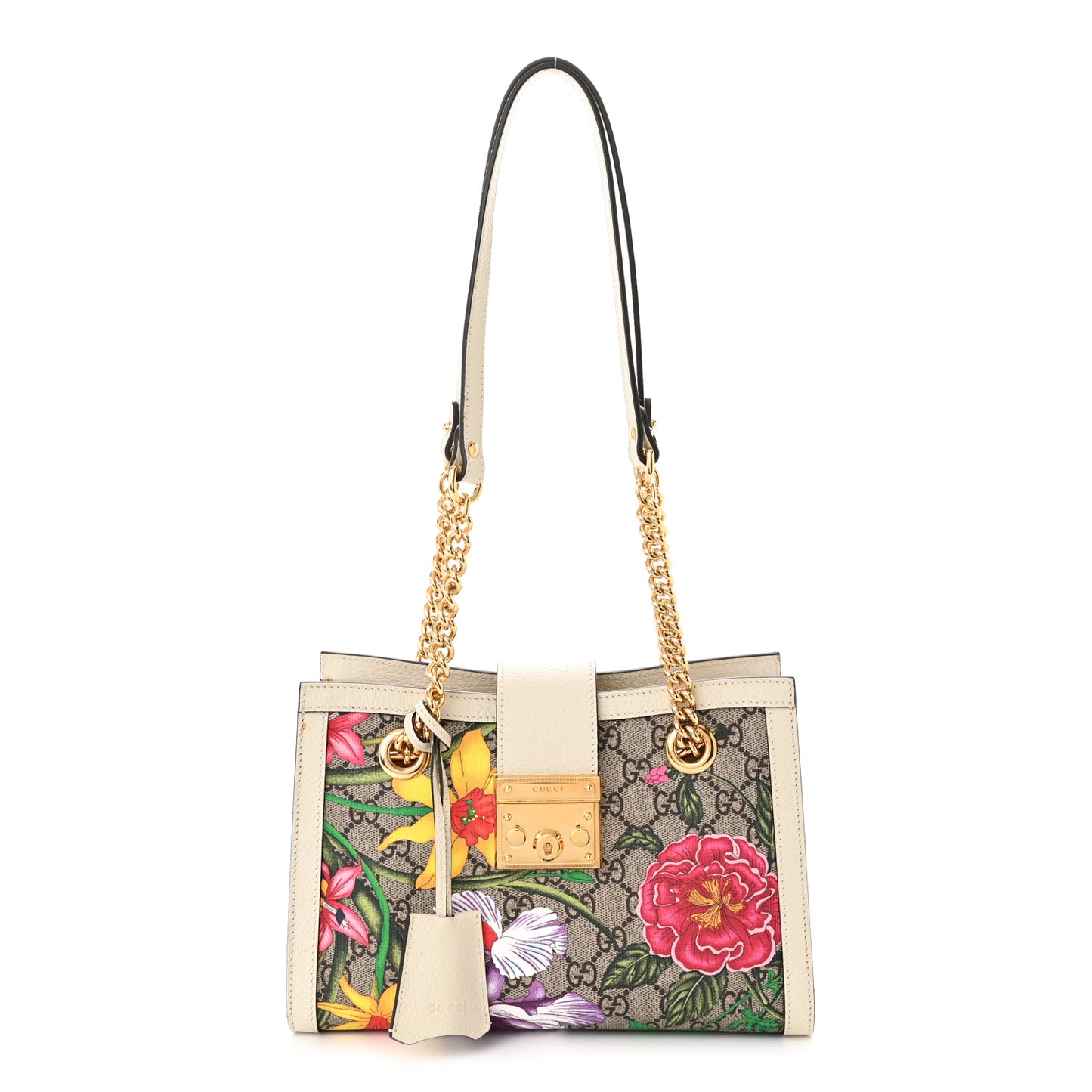 GG Supreme Monogram Flora Textured Calfskin Small Padlock Tote Beige Ebony Multicolor Mystic White