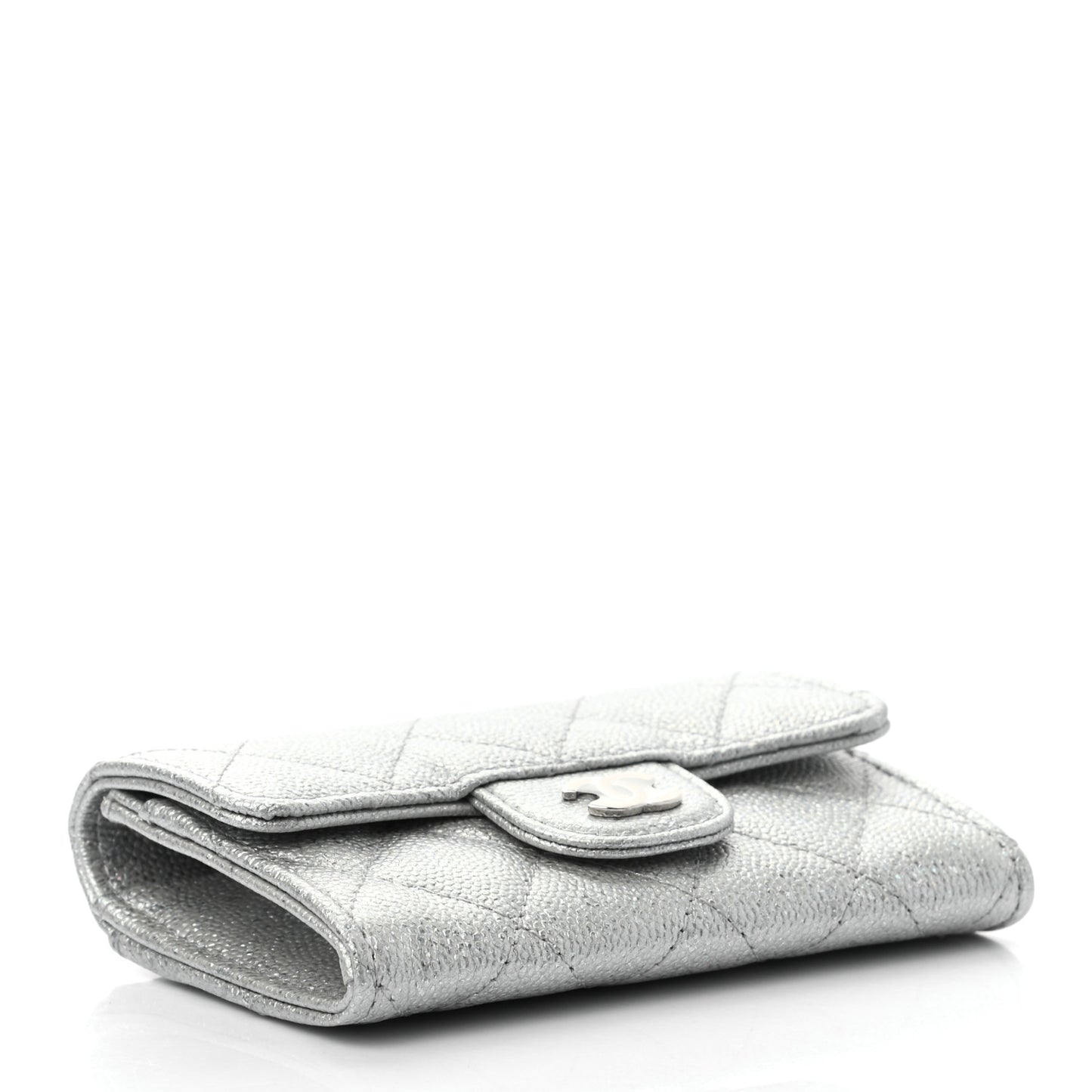 Glittered Metallic Caviar Quilted Flap Card Holder Wallet Silver