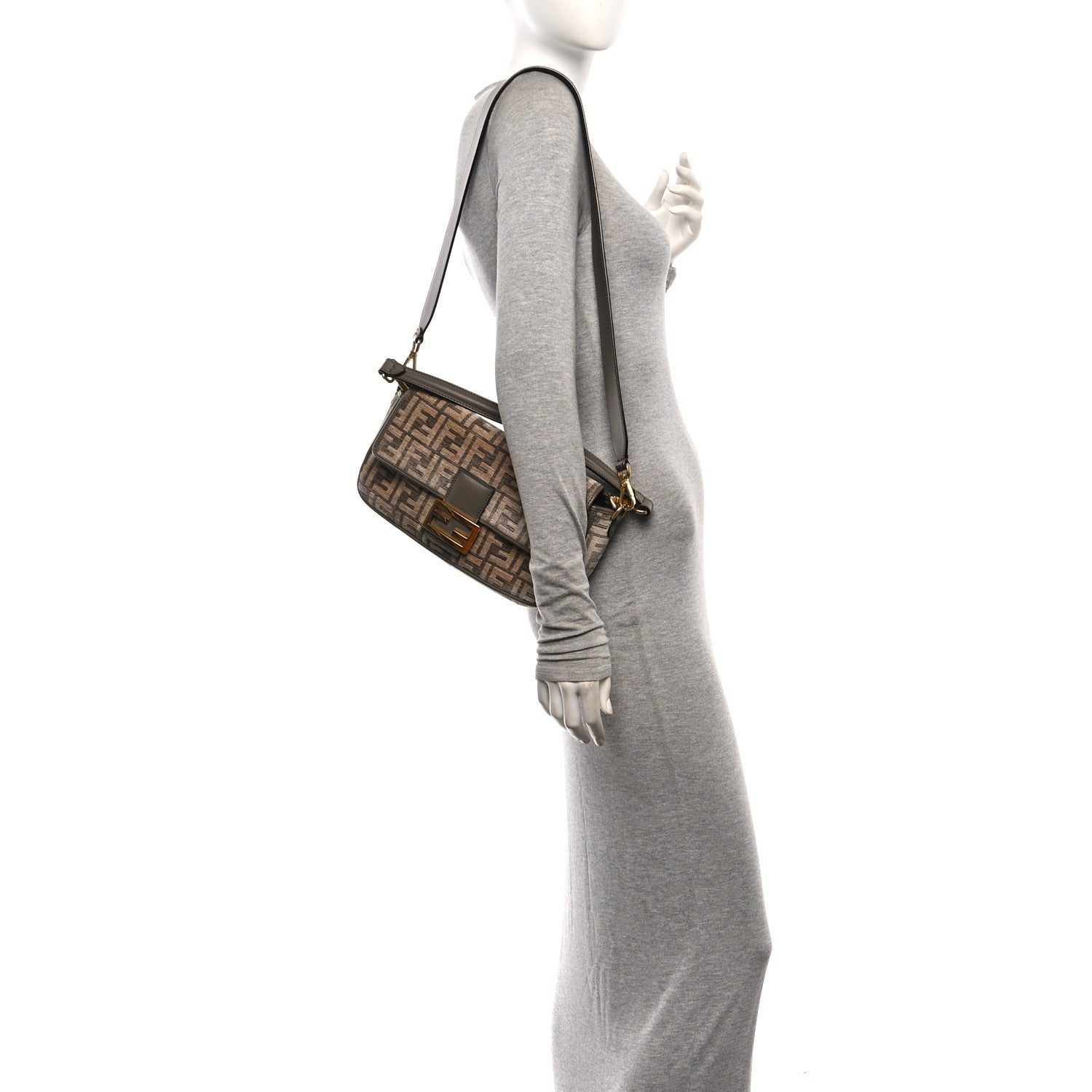 Fendi Chenille Vitello Seta FF Embroidered Baguette Tortora 2 of 10