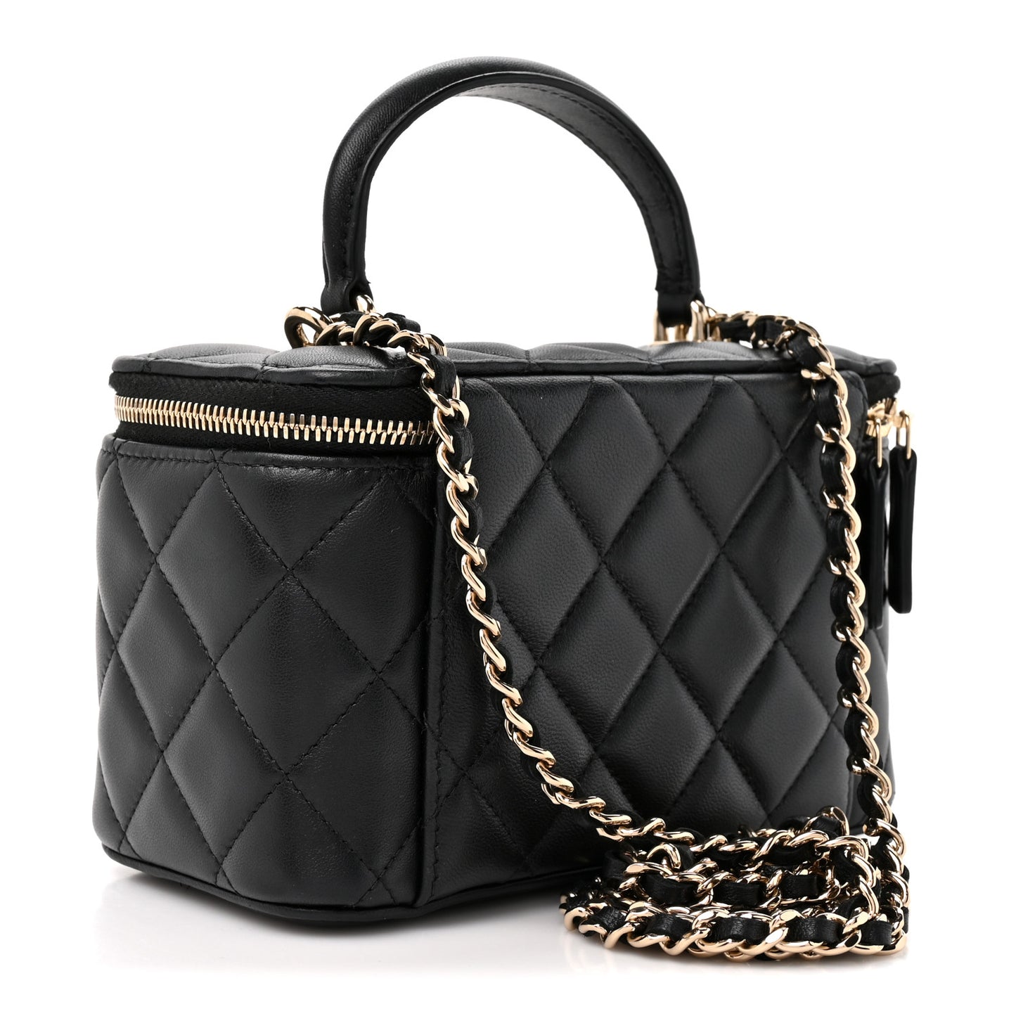 Lambskin Quilted Small Top Handle Vanity Case With Chain Black