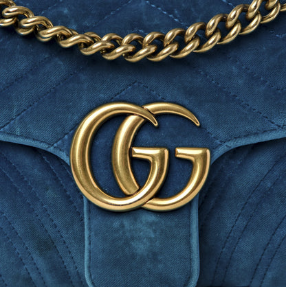 Gucci Velvet Matelasse Small GG Marmont Shoulder Bag Pavone Cyan 8 of 8