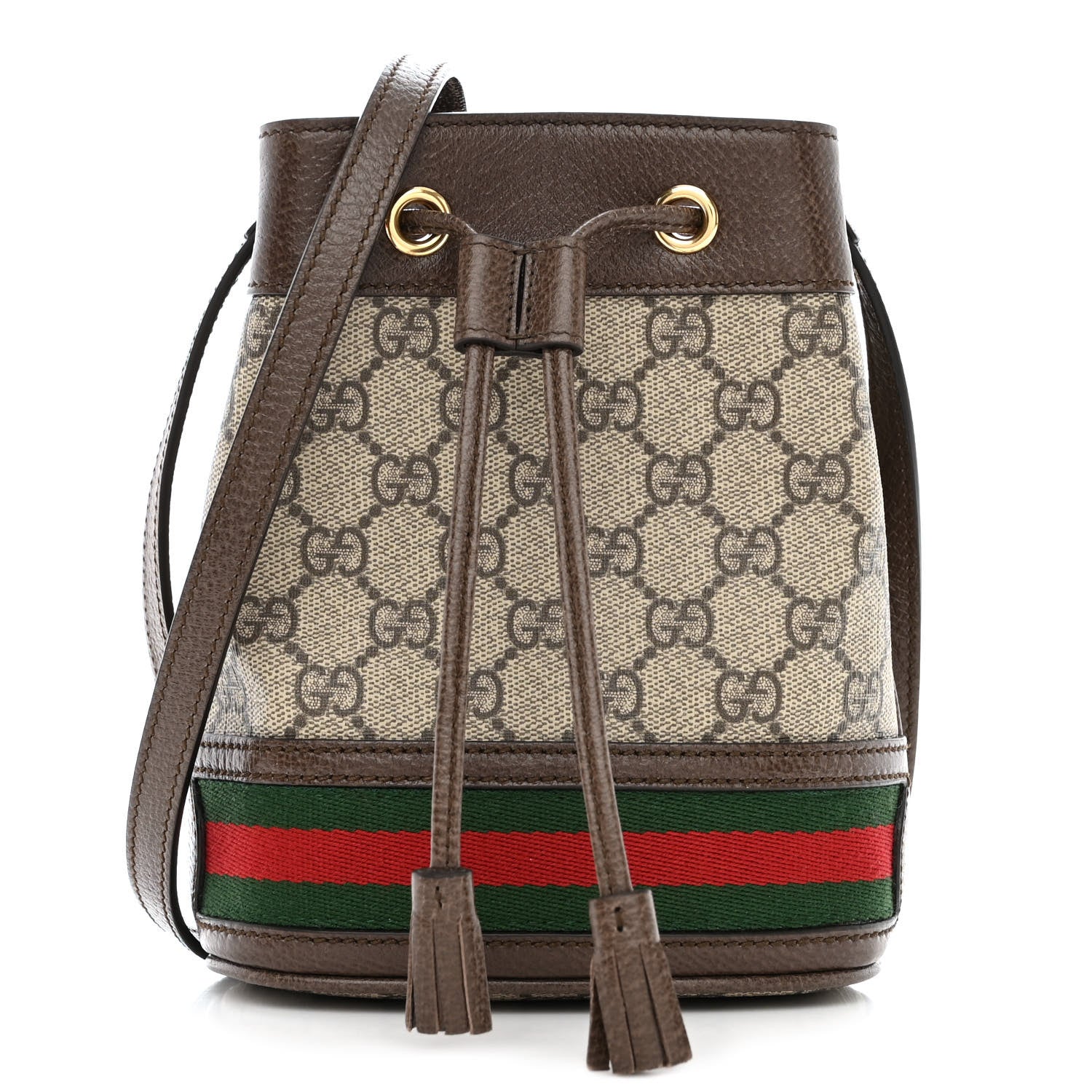 Gucci GG Supreme Monogram Web Mini Ophidia Bucket Bag Brown 1 of 11