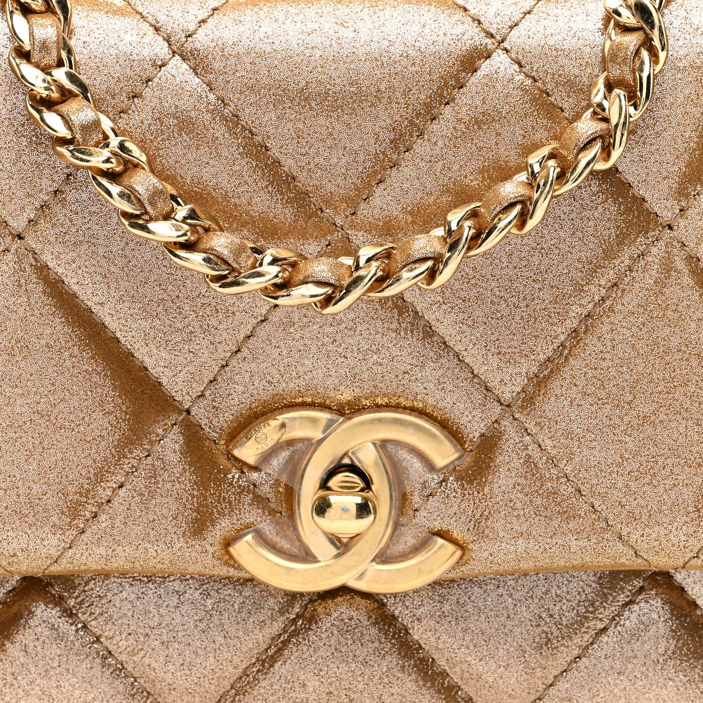 Metallic Lambskin Quilted Mini CC Crystal Logo Chain Flap Gold