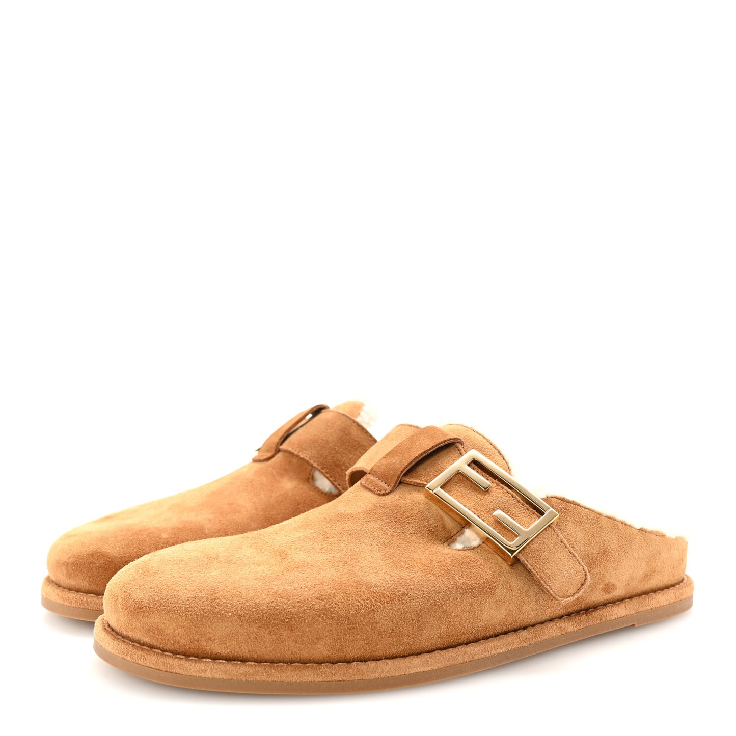 Suede Shearling Fendi Feel Buckled Clogs 38 Caramel Latte