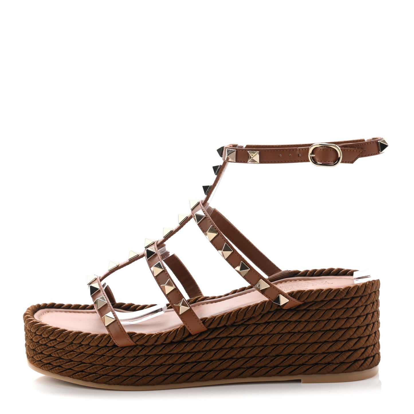 Calfskin Rockstud Ankle Strap Torchon Espadrille Caged 30/55mm Sandals 36 Saddle Brown