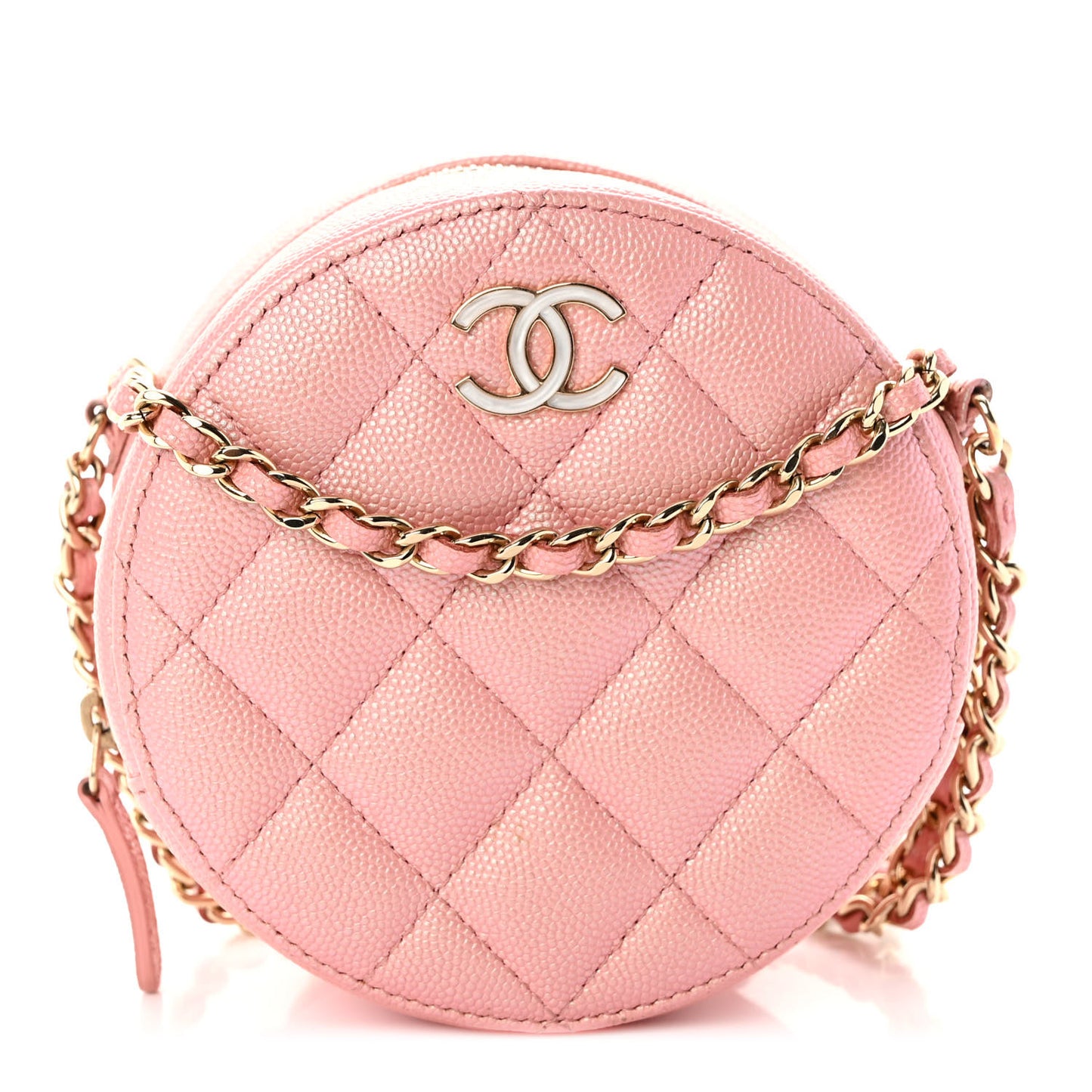 Iridescent Caviar Resin Quilted Round Clutch With Chain Pink