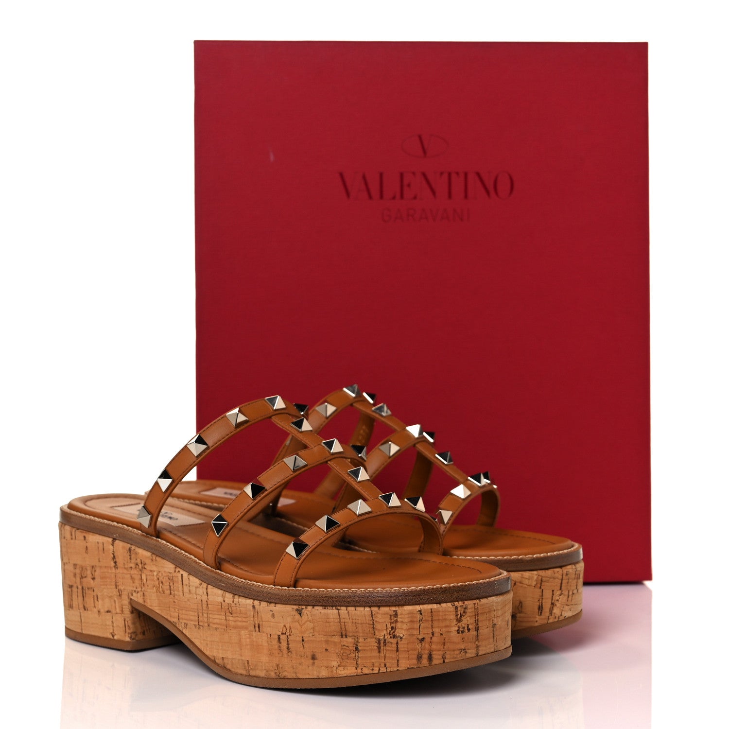Valentino Garavani Calfskin Cork Rockstud Caged 30/50mm Platform Sandals 37 Tan 9 of 9
