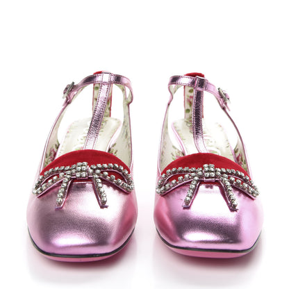 Gucci Metallic Nappa Velvet Crystal Bow Anita Pumps 40 Rosa Hibiscus Red 2 of 10