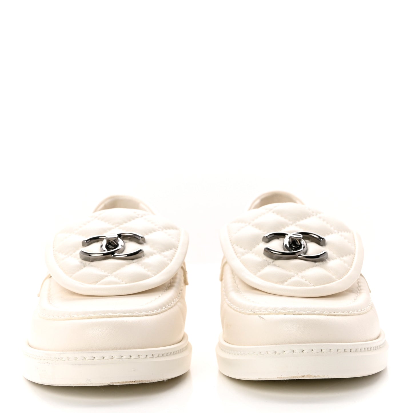 Shiny Lambskin Quilted CC Turnlock Loafers 38 White