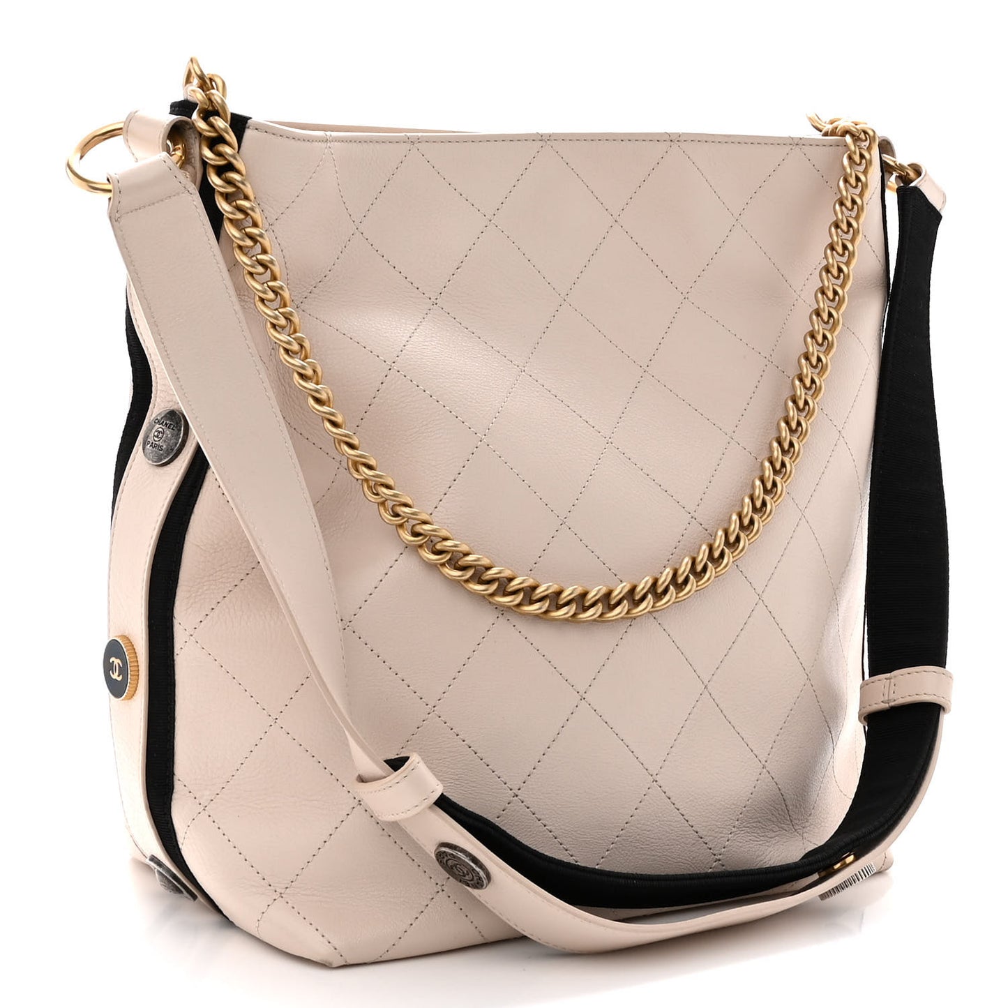 Calfskin Stitched Large Button Up Hobo Ivory Black