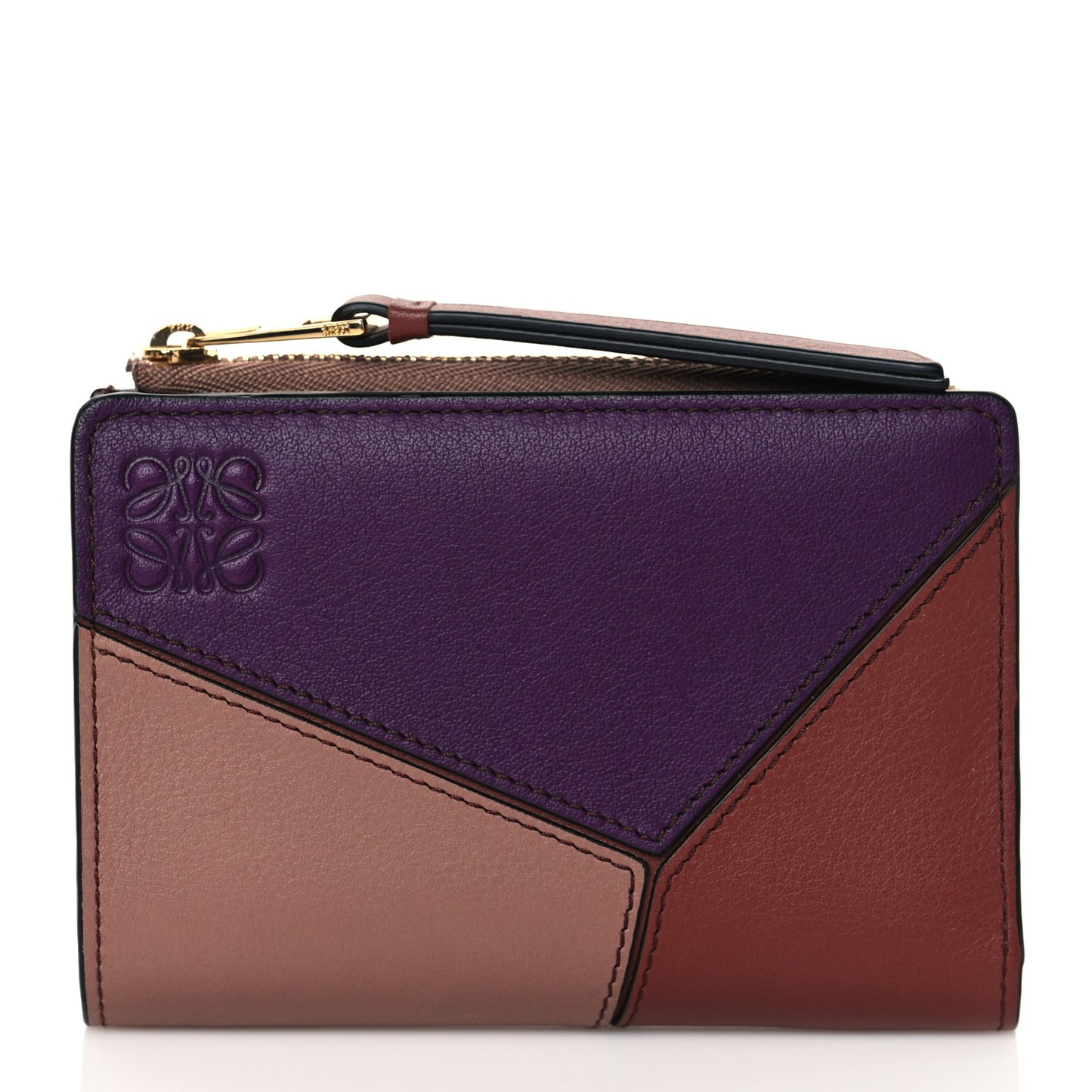 Calfskin Puzzle Zip Bi-Fold Wallet Dark Blush Dark Rust