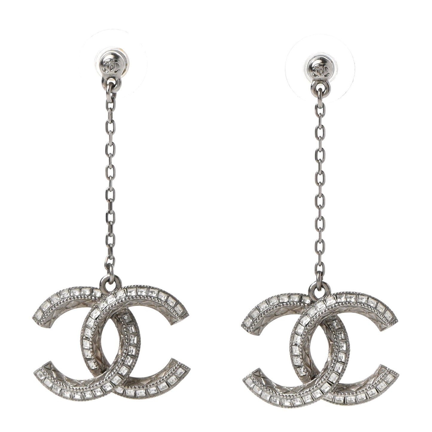 Baguette Crystal CC Drop Earrings Silver