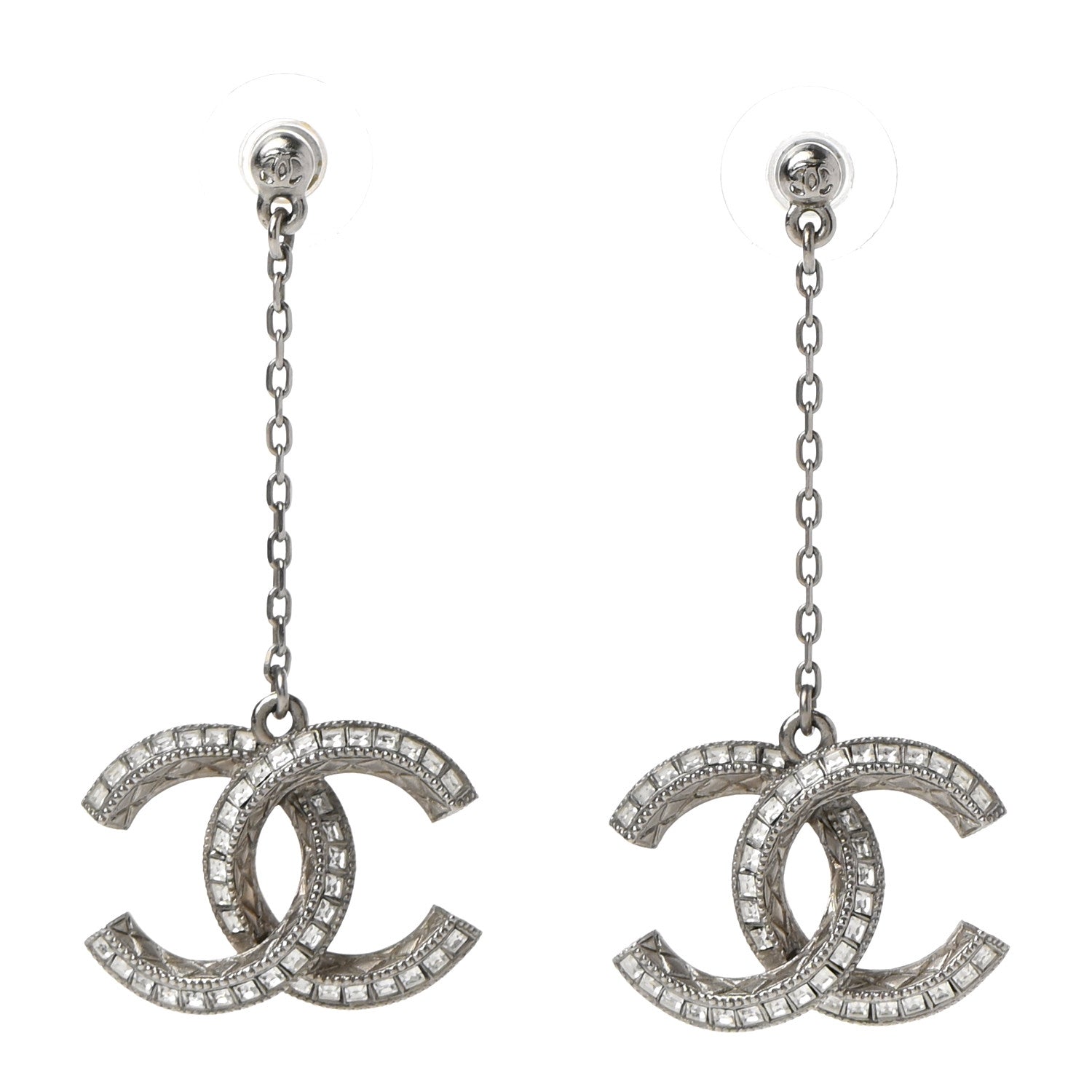 Chanel Baguette Crystal CC Drop Earrings Silver 1 of 4