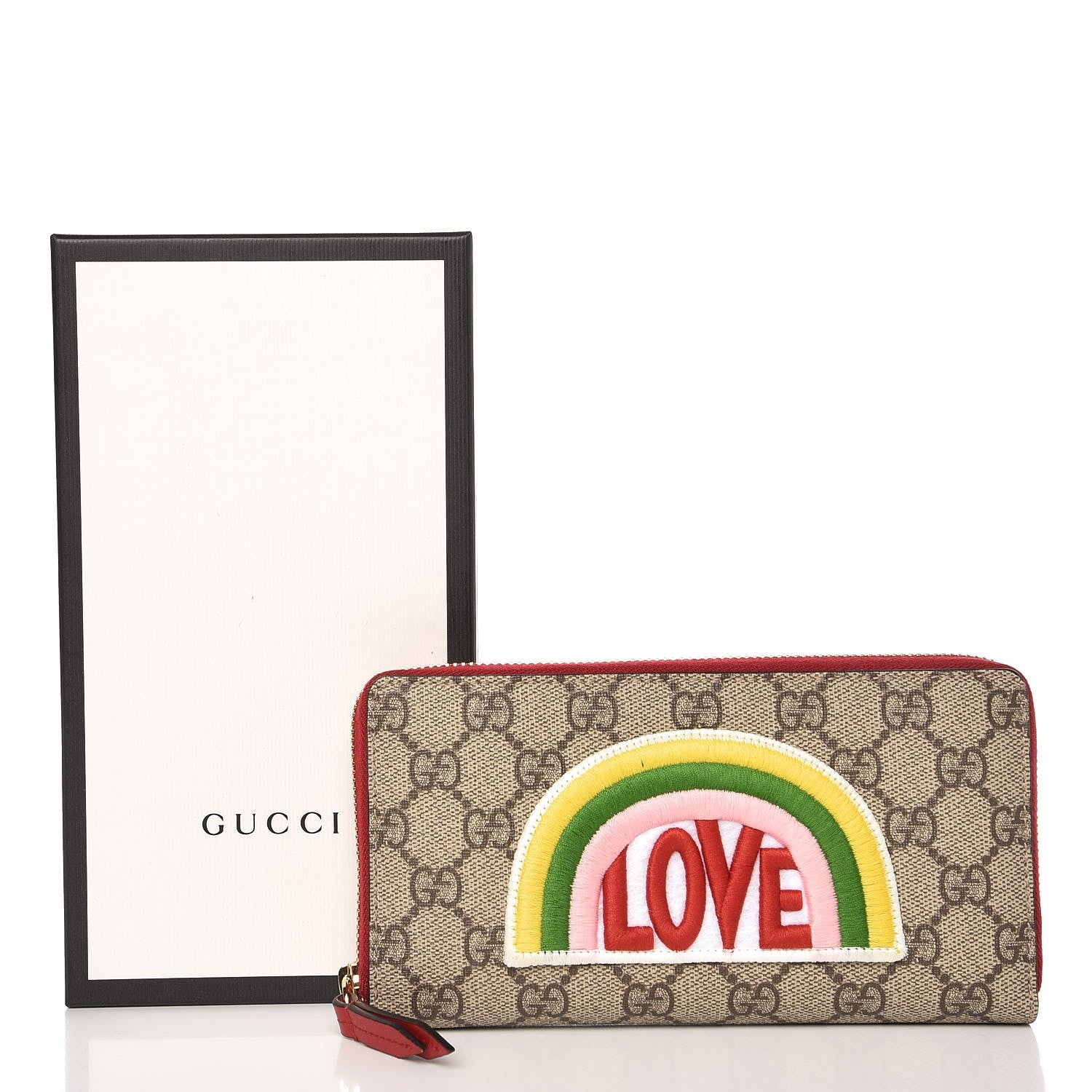 Gucci GG Supreme Monogram Embroidered Rainbow Zip Around Wallet Red 8 of 8