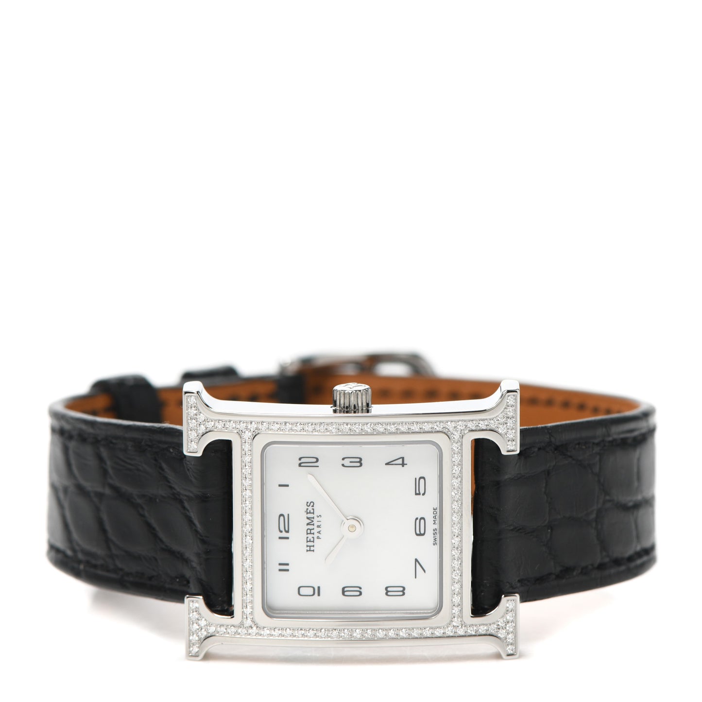 Stainless Steel Alligator Diamond Bezel Mother of Pearl 21mm Heure H Hour Quartz Watch Noir