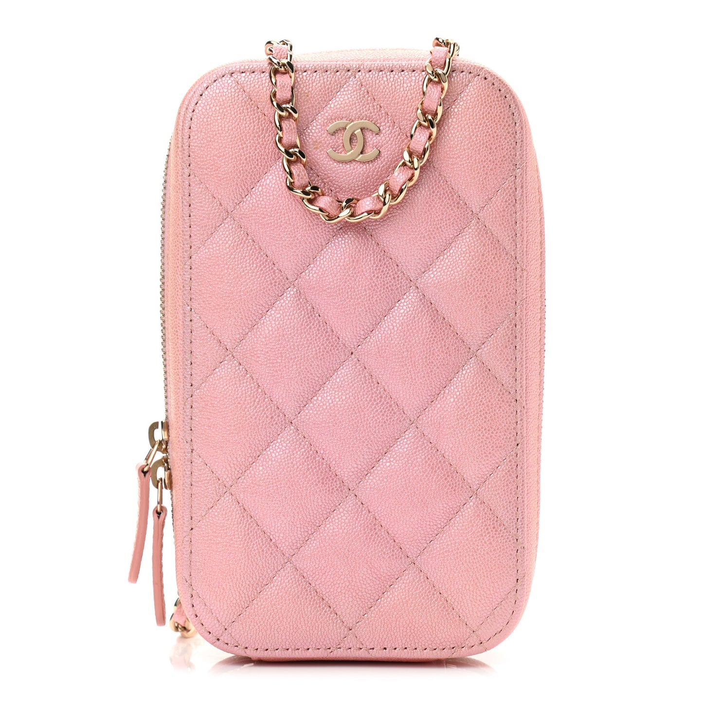 Iridescent Caviar Quilted Zip Phone Case Pink