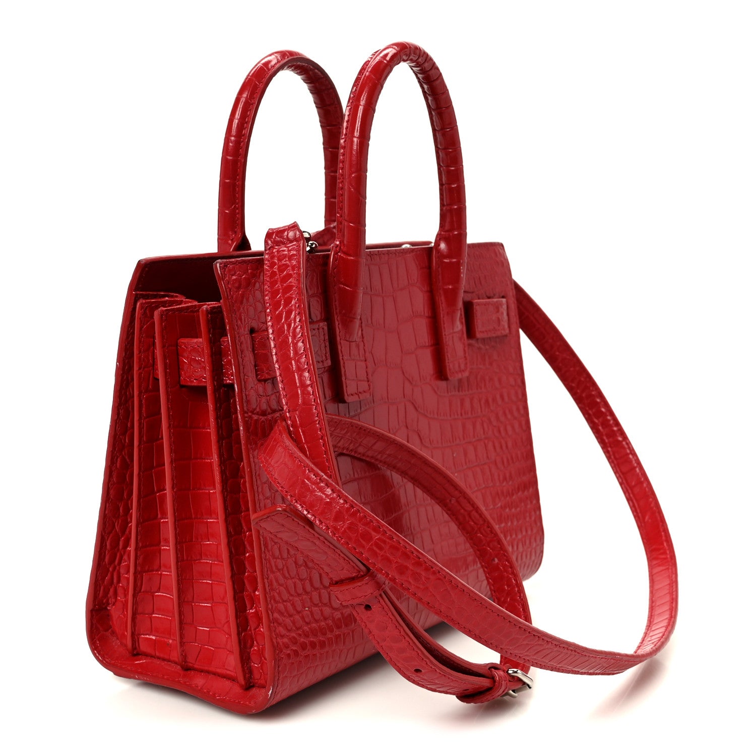 YSL レザー 赤 クラッチバッグ 保存袋付き Saint Laurent Calfskin Crocodile Embossed Nano Sac De Jour Red