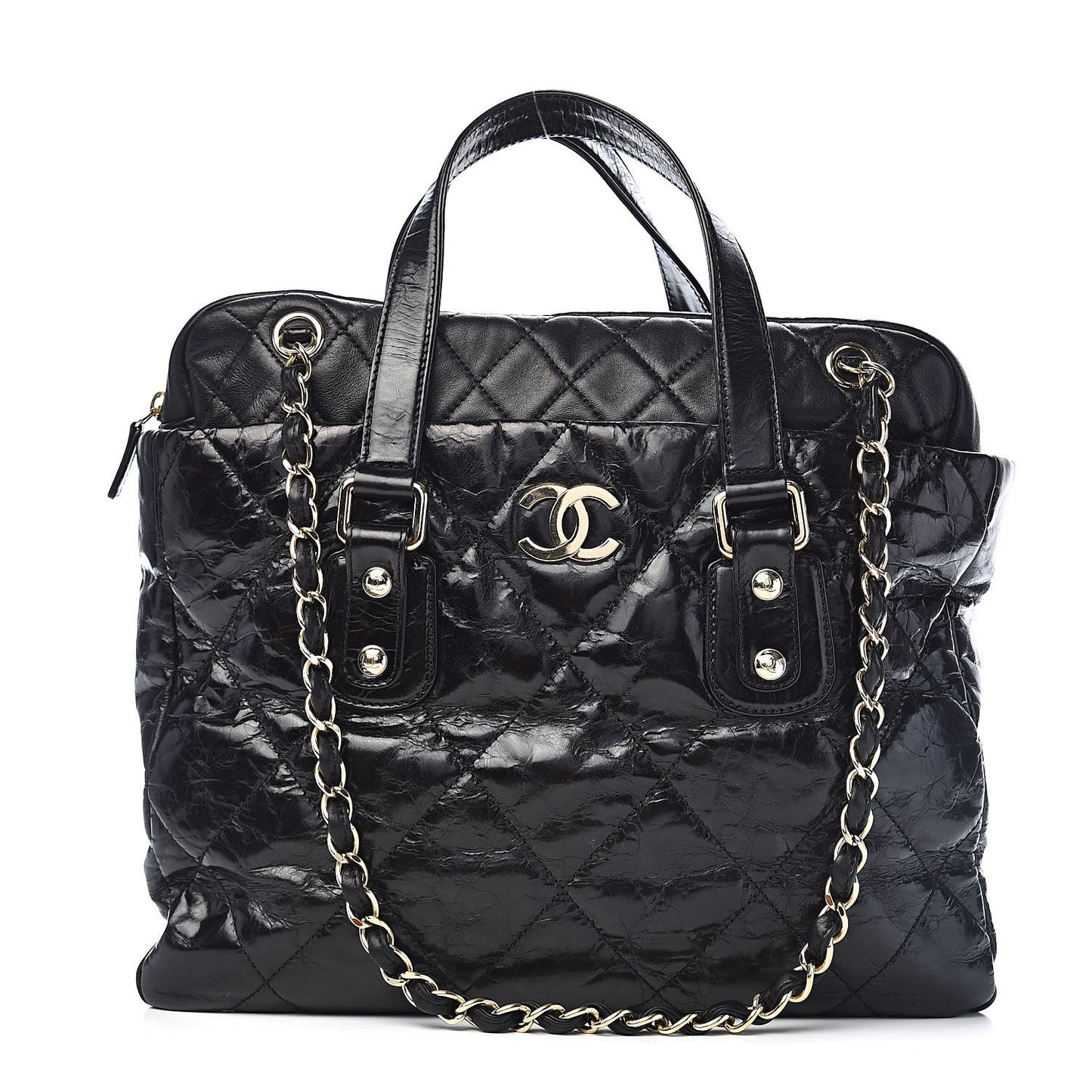 Glazed Calfskin Lambskin Quilted Portobello Tote Black