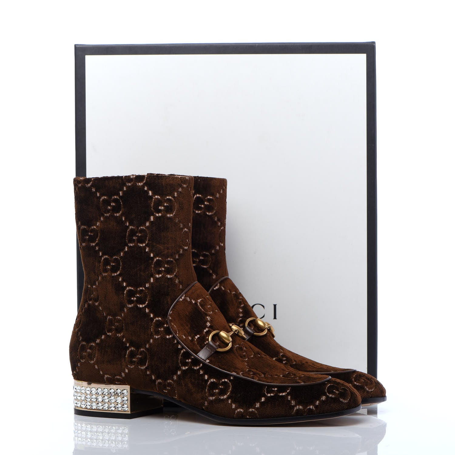 Gucci Velvet GG Monogram Crystal Horsebit Ankle Boots 41 Brown Vintage Cocoa 9 of 9