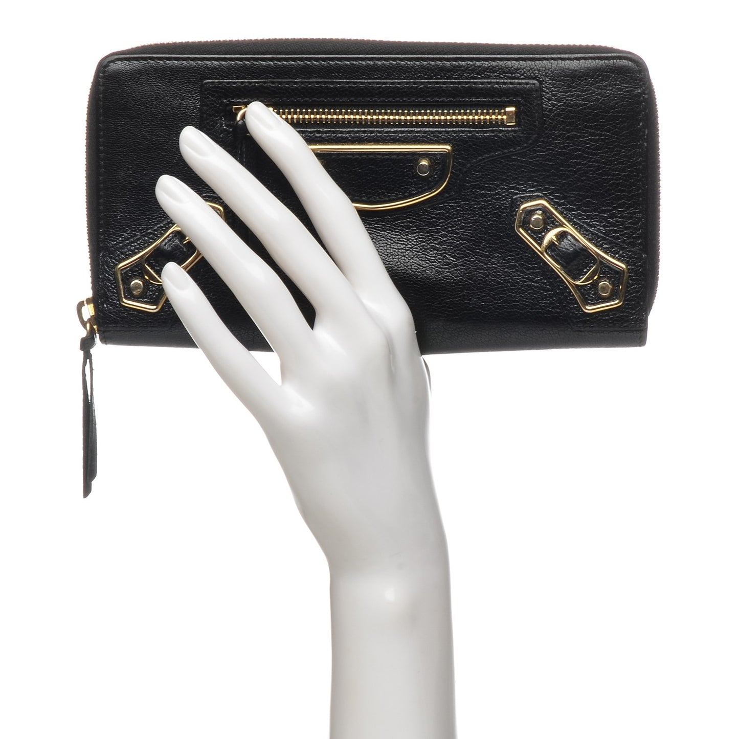 Chevre Gold Metallic Edge Hardware Zip Around Wallet Black