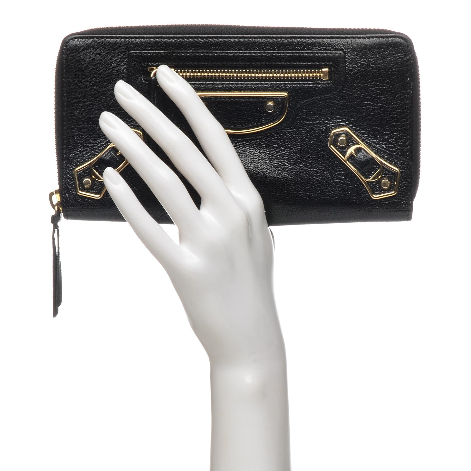 Balenciaga Chevre Gold Metallic Edge Hardware Zip Around Wallet Black 2 of 7