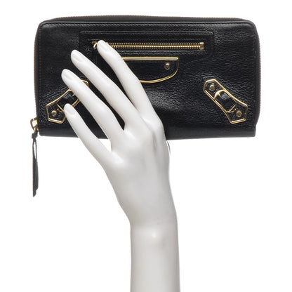 Balenciaga Chevre Gold Metallic Edge Hardware Zip Around Wallet Black 2 of 7