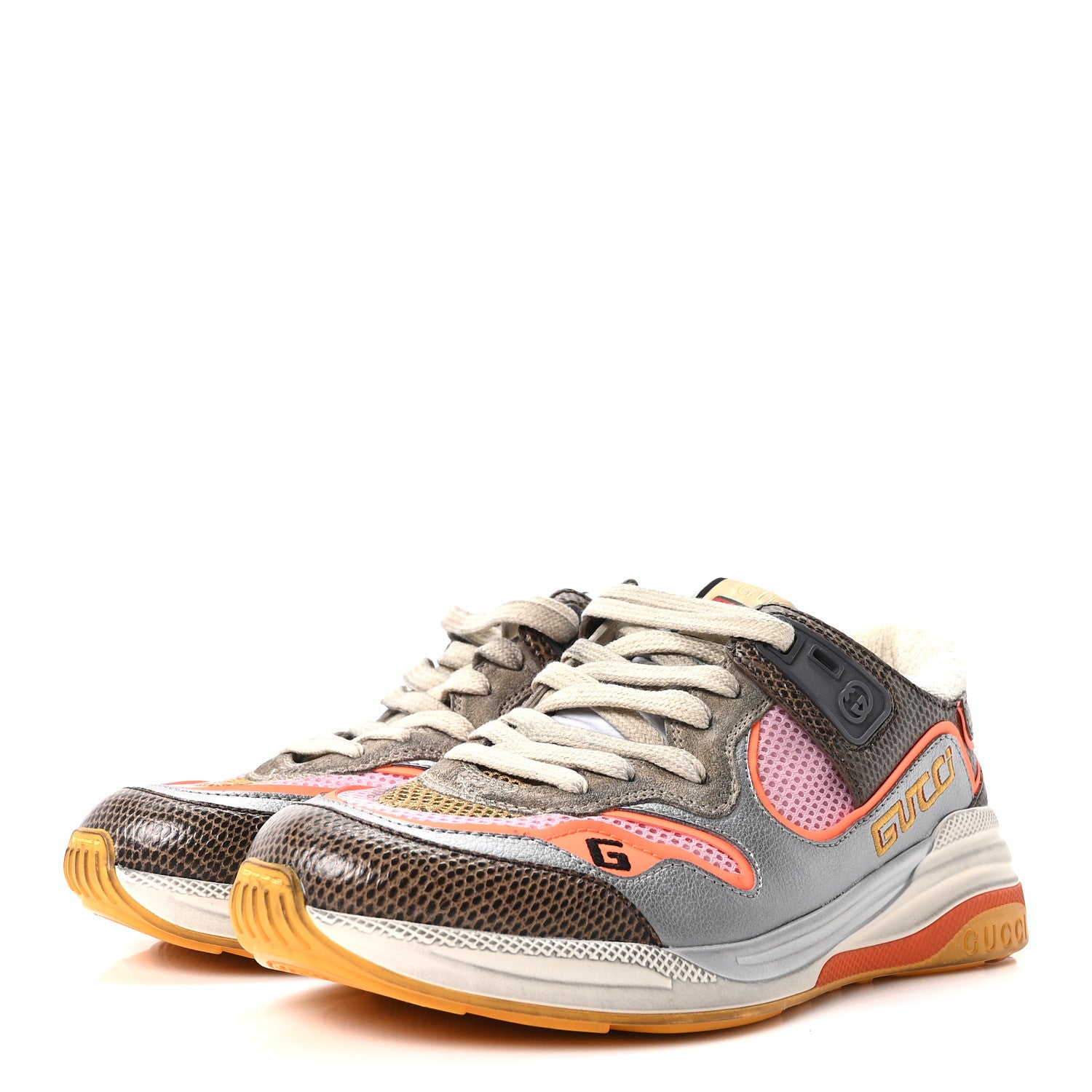 Gucci Calfskin Suede Mesh Lizard Embossed Womens Ultrapace Sneakers 37 Silver Anthracite Neon Orange 4 of 8