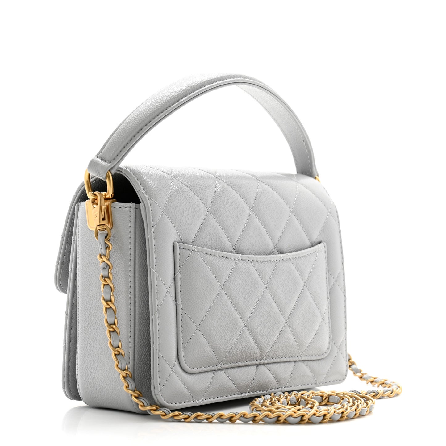 Shiny Caviar Quilted Mini Top Handle Flap Bag Grey