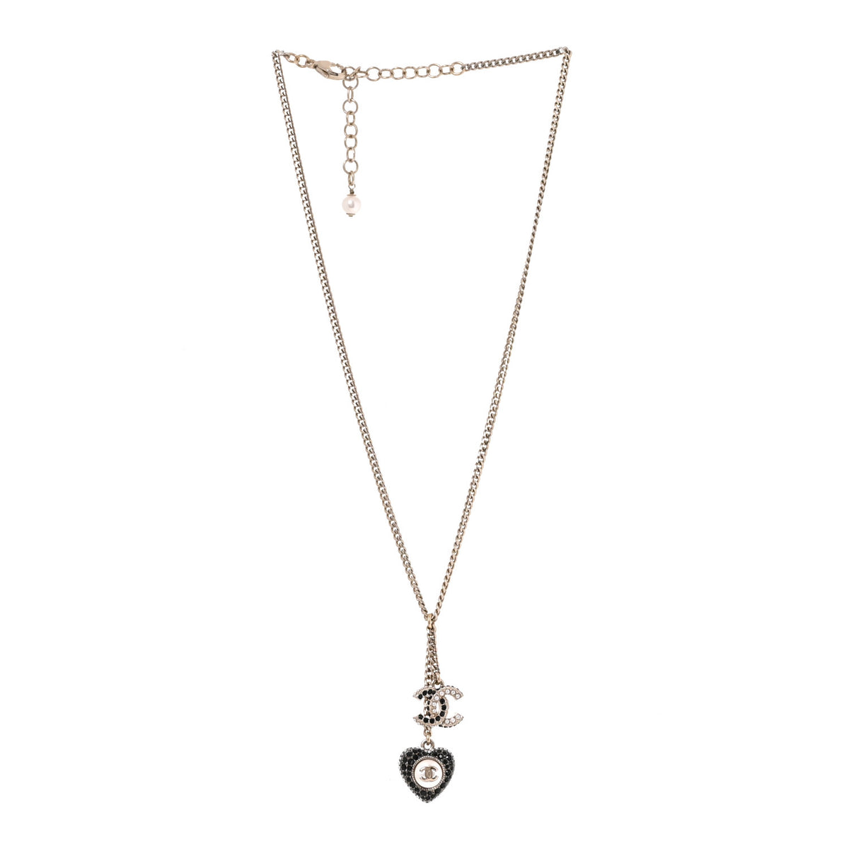 Chanel Crystal CC Heart Necklace Black Pearly White Gold 3 of 5