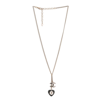 Chanel Crystal CC Heart Necklace Black Pearly White Gold 3 of 5