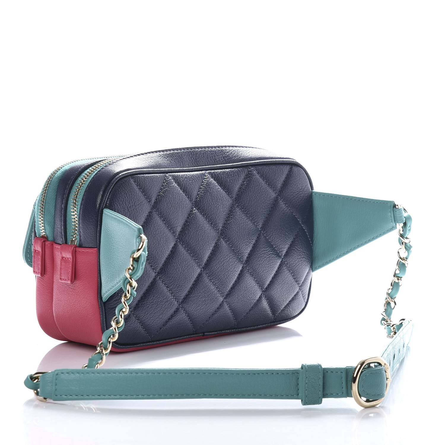 Chanel Goatskin Quilted Tri-Color In & Out Waist Bag Navy Turquoise Pink 3 of 11