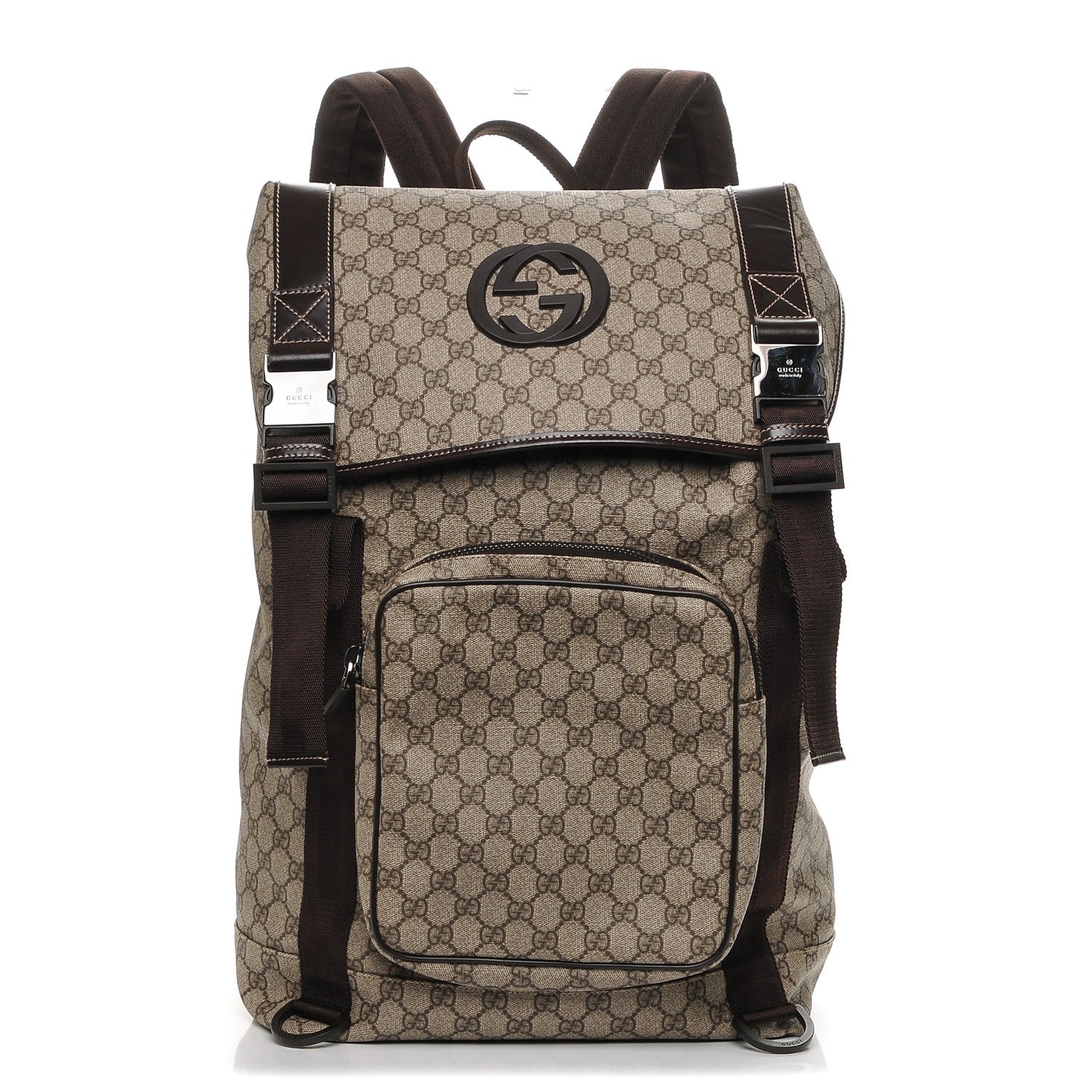 Gucci GG Supreme Monogram Large Interlocking G Double Buckle Backpack Dark Brown 1 of 7