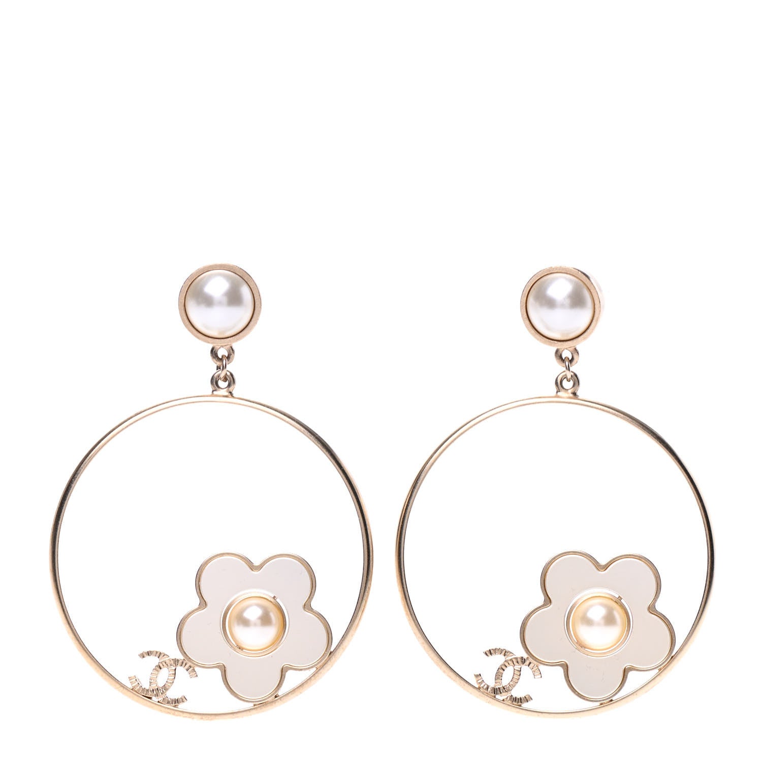 Chanel Pearl CC Camellia Hoop Earrings Gold 1 of 4