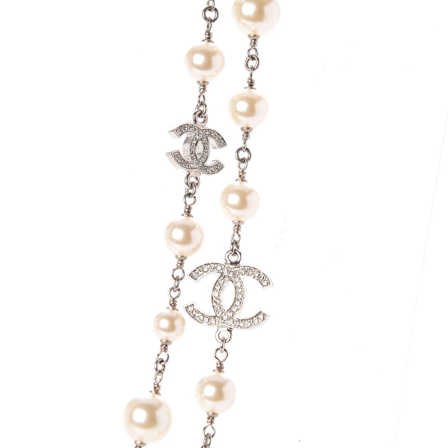 Graduated Pearl Crystal CC Long Necklace Silver