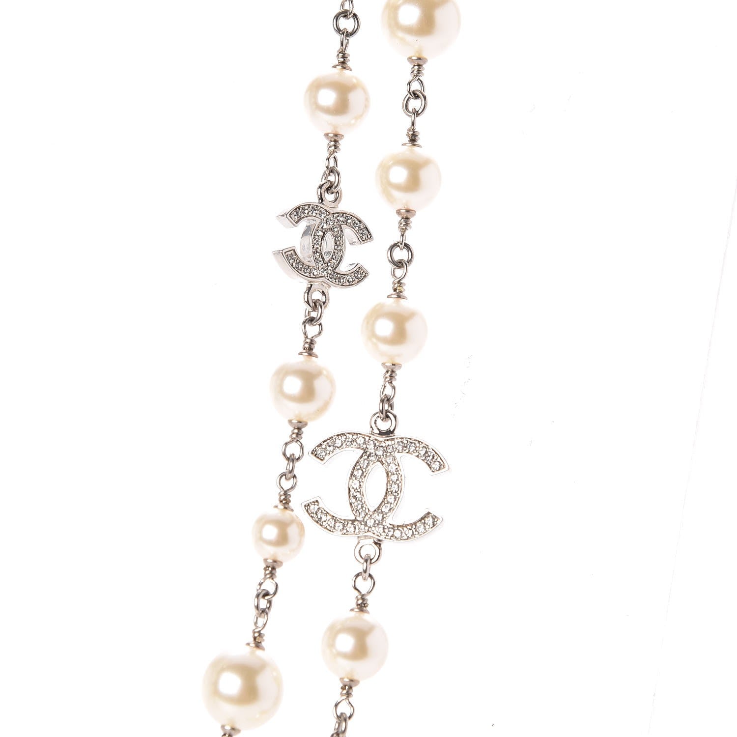 Chanel Graduated Pearl Crystal CC Long Necklace Silver 4 of 6